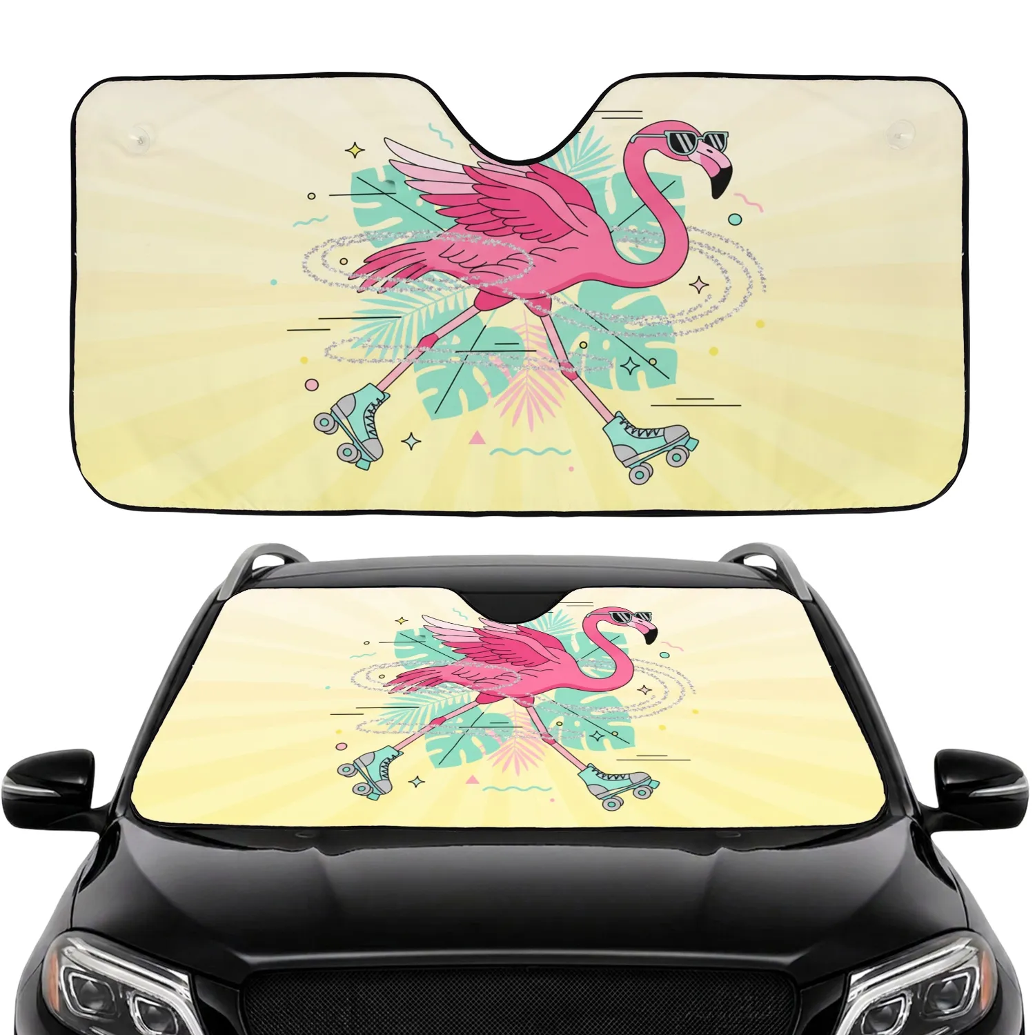 Speedy Pink Flamingo Retro Roller Skates Tropical Leaf Summer Vacation Gift Car Sunshade - 1