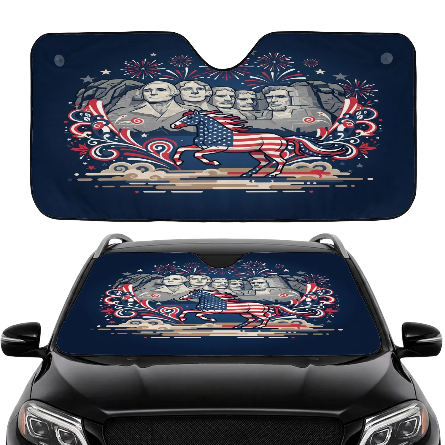 Galloping American Flag Horse Mount Rushmore Fireworks - Independence Day Gift for Veterans Car Sunshade - 1