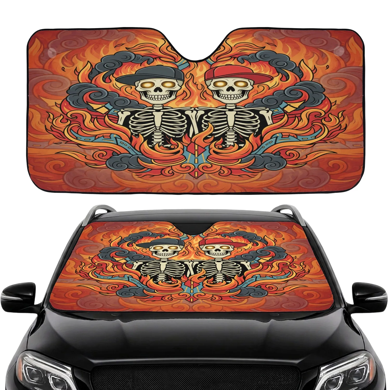 Skeleton Cap Characters Fiery Inferno - Road Trip Lifestyle Driving Car Sunshade - 1