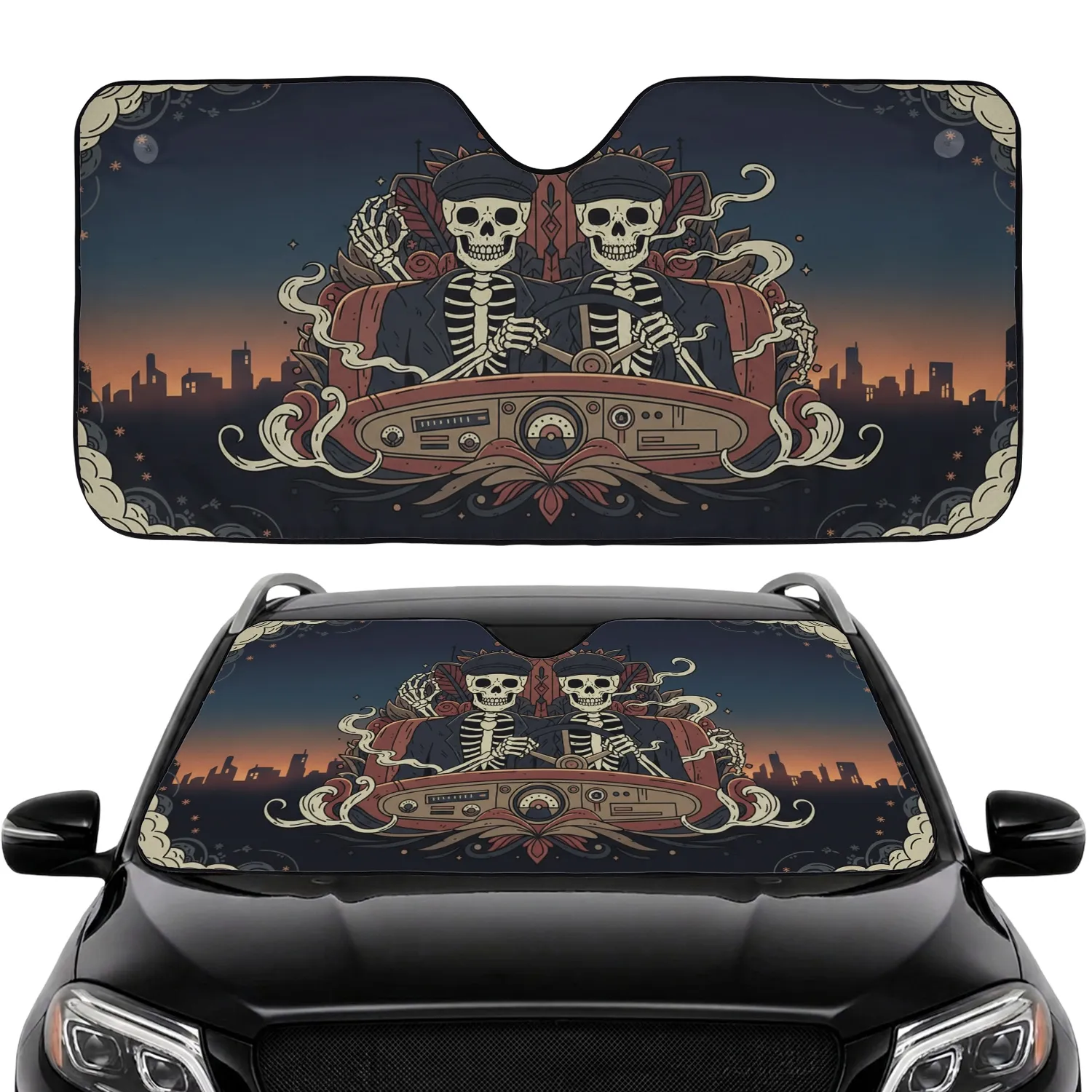 Skeleton Driver Passenger Ghastly Ride - Eerie Car Decor Gift Car Sunshade - 1