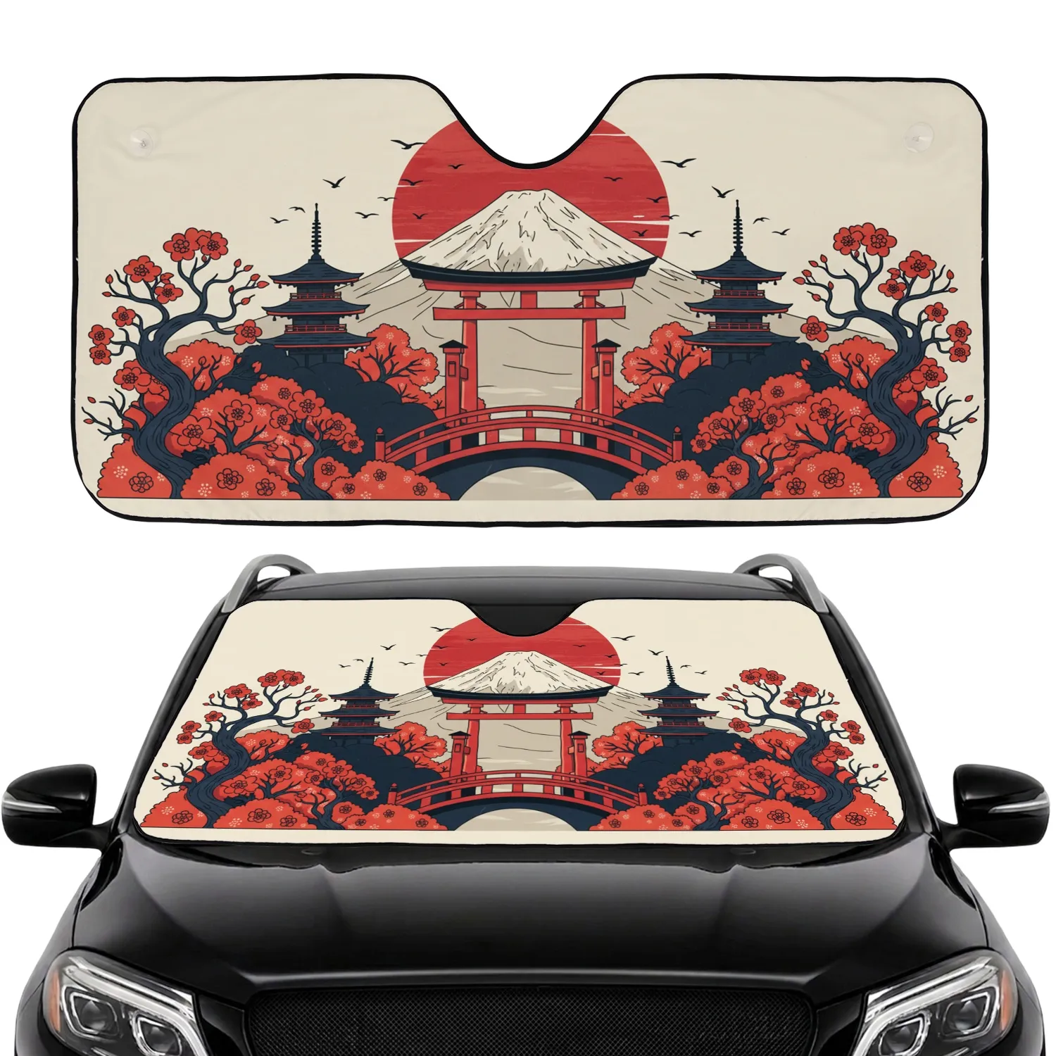 Mount Fuji Torii Gate Pagoda Red Sun Japanese Temple Hills Birds - Home Decor Gift Car Sunshade - 1