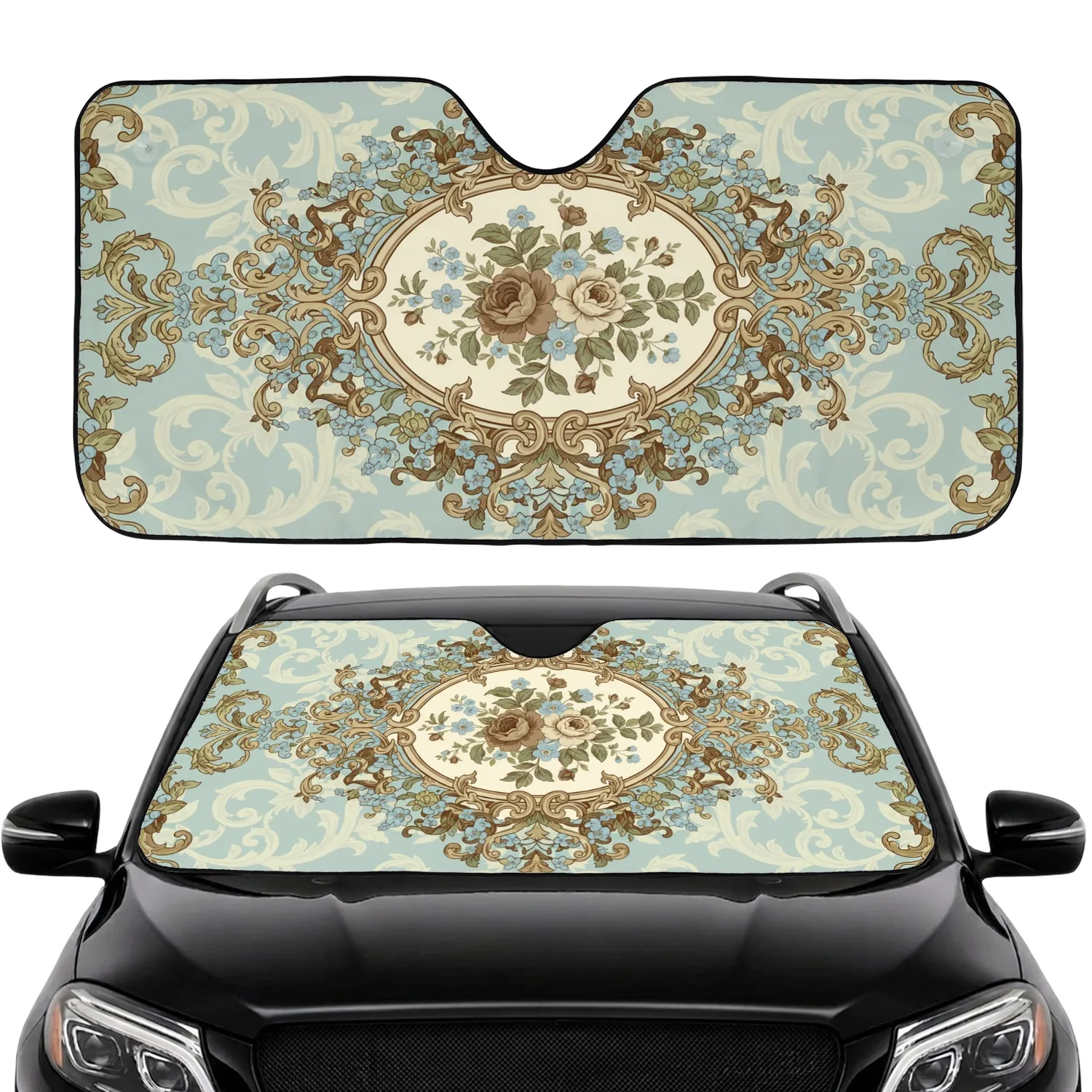 Oval Floral Medallion Sepia Roses Scrollwork Light Blue Blossoms – Home Decor Gift Car Sunshade - 1