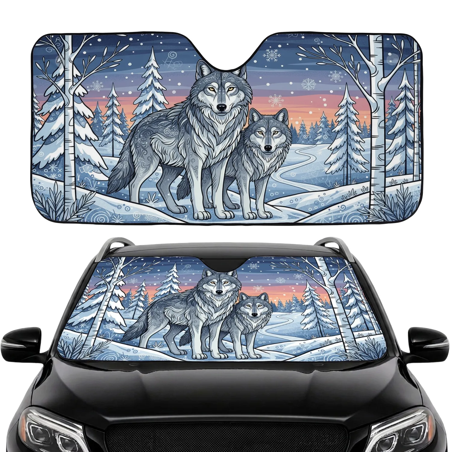 Gray Wolves Snowy Pine Forest - Wildlife Lover Winter Decor Gift Car Sunshade - 1