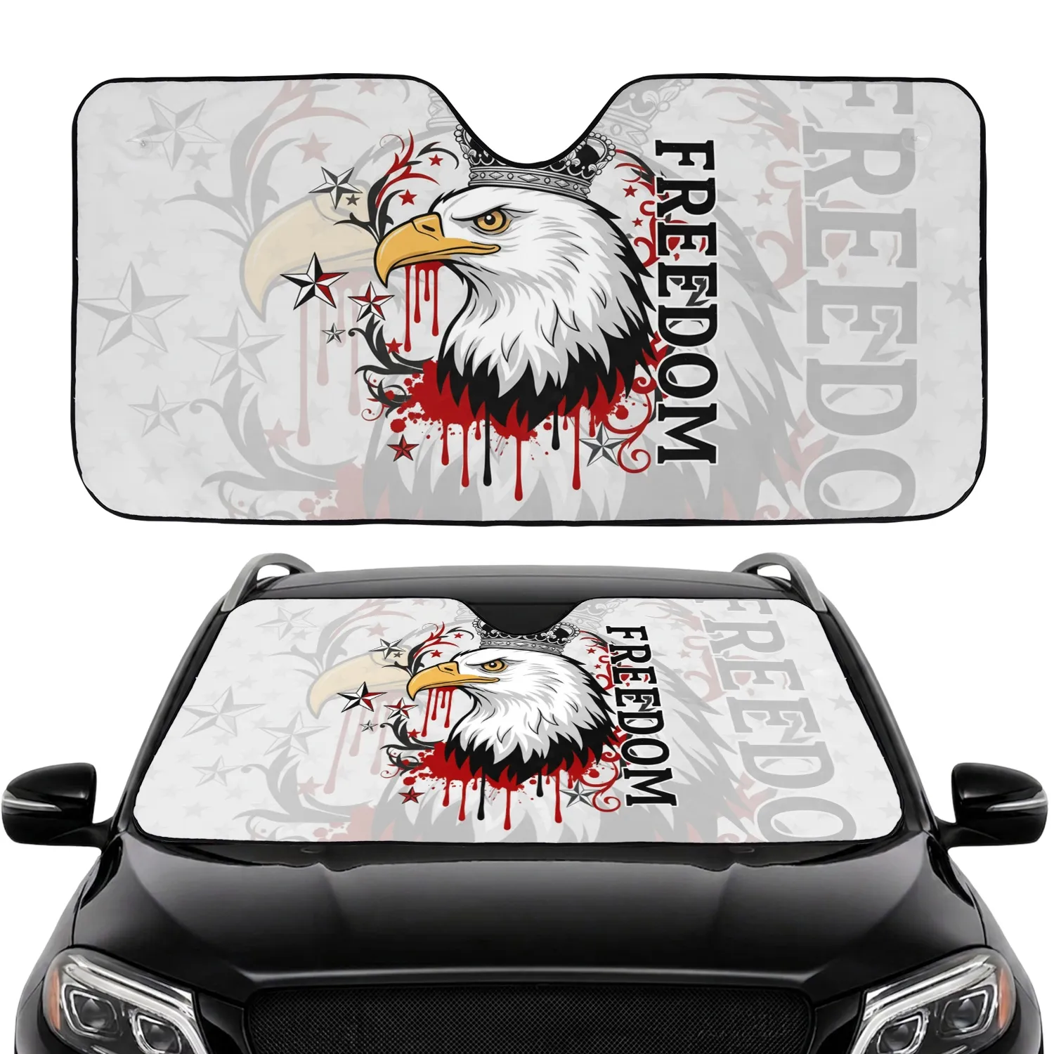 Bald Eagle Crown Freedom Black White Red Stars - Patriotic Vehicle Decor Gift for Drivers Car Sunshade - 1
