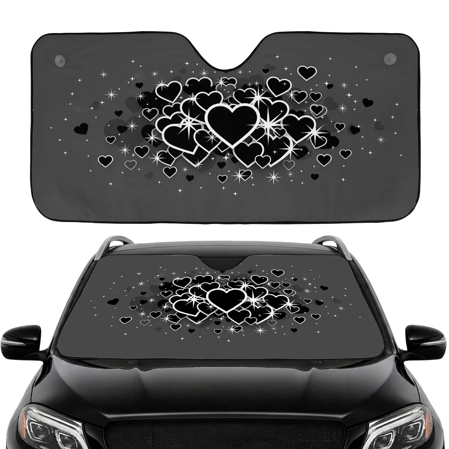 Layered Black Hearts White Starbursts Sparkle Dots Vehicle Interior Decor Car Sunshade - 1