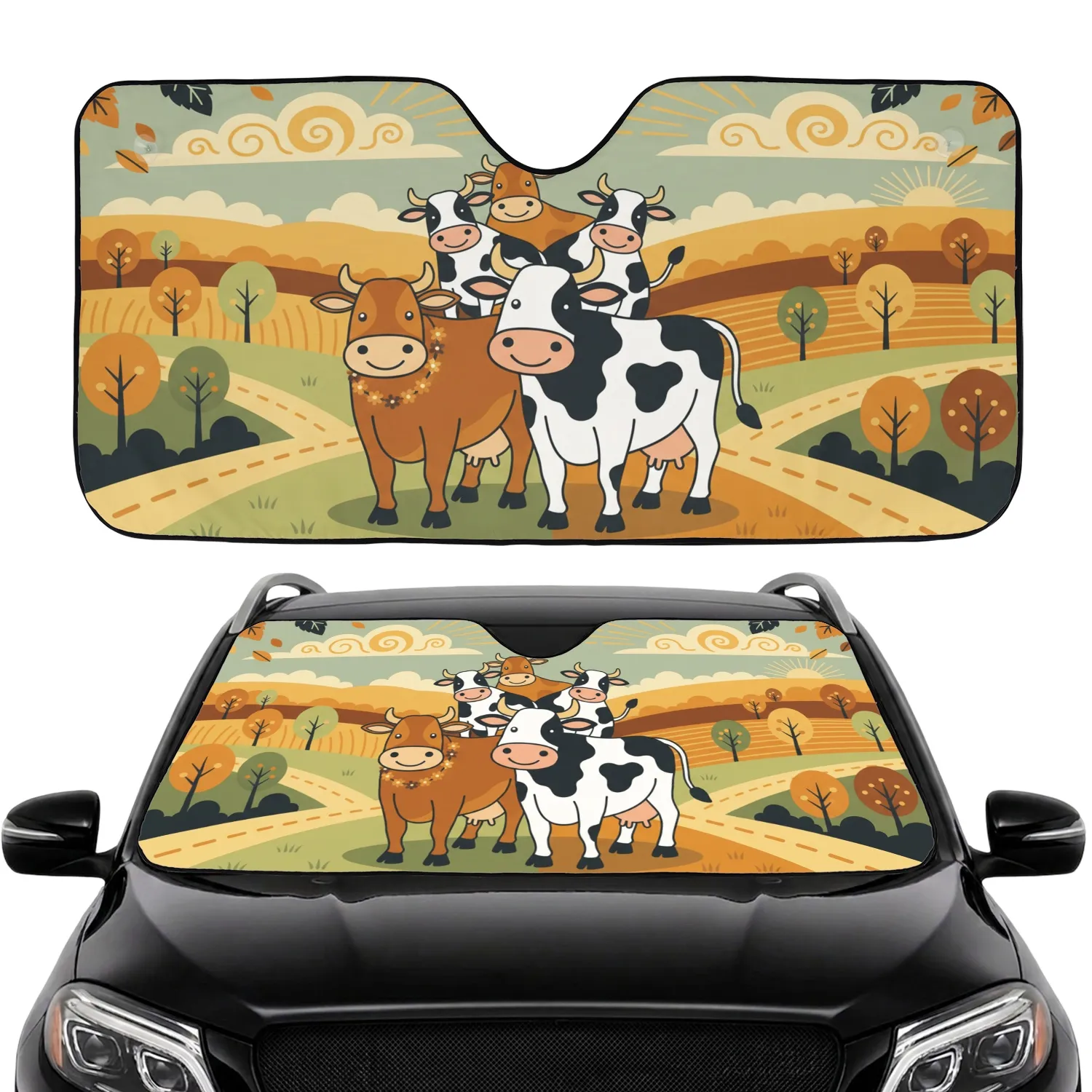 Convivial Brown Cow Holstein Group Countryside Hills - Farmhouse Decor Gift for Cow Lover Car Sunshade - 1