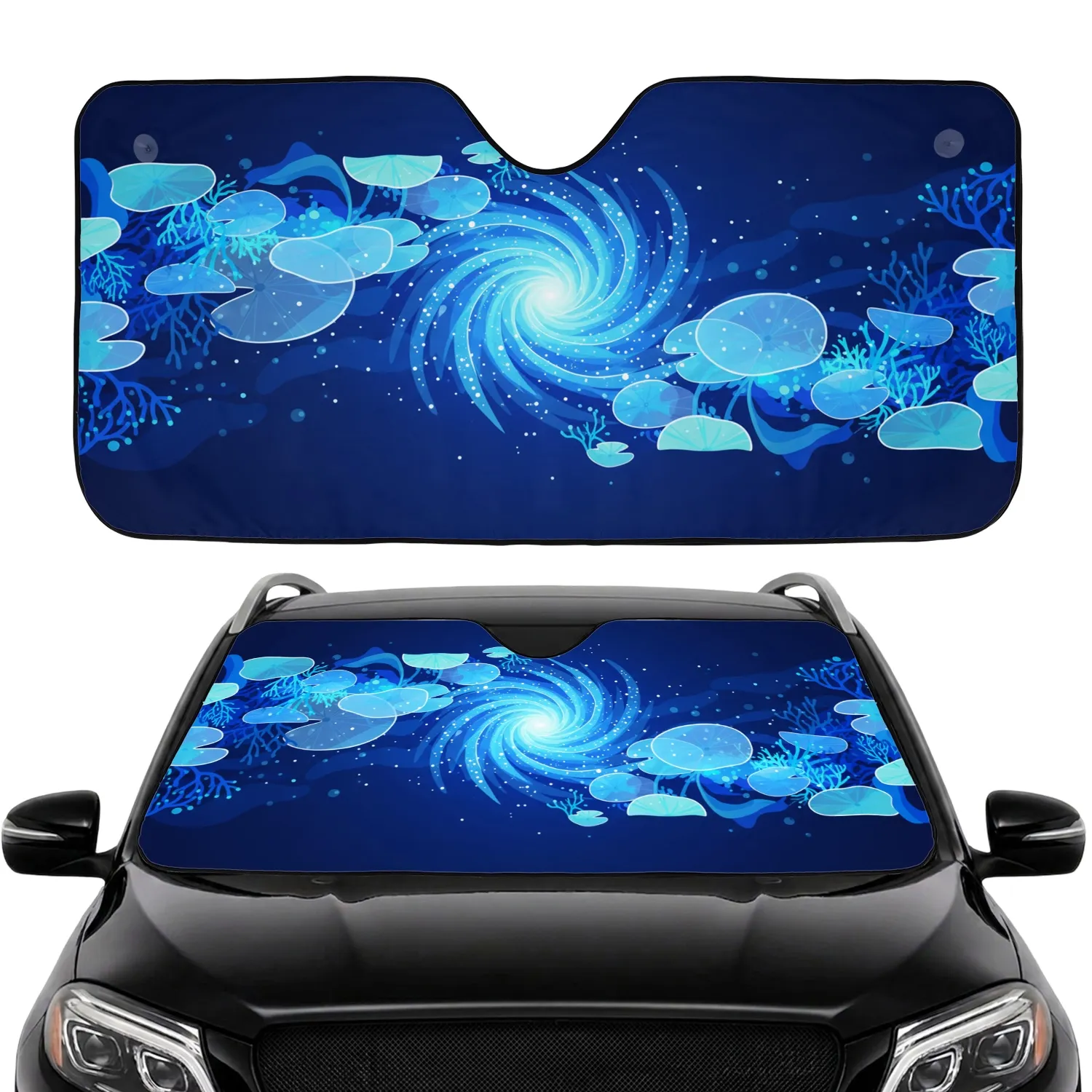 Glowing Blue Vortex Water Lily Coral Formations - Deep Sea Cosmic Ocean Lover Gift Car Sunshade - 1