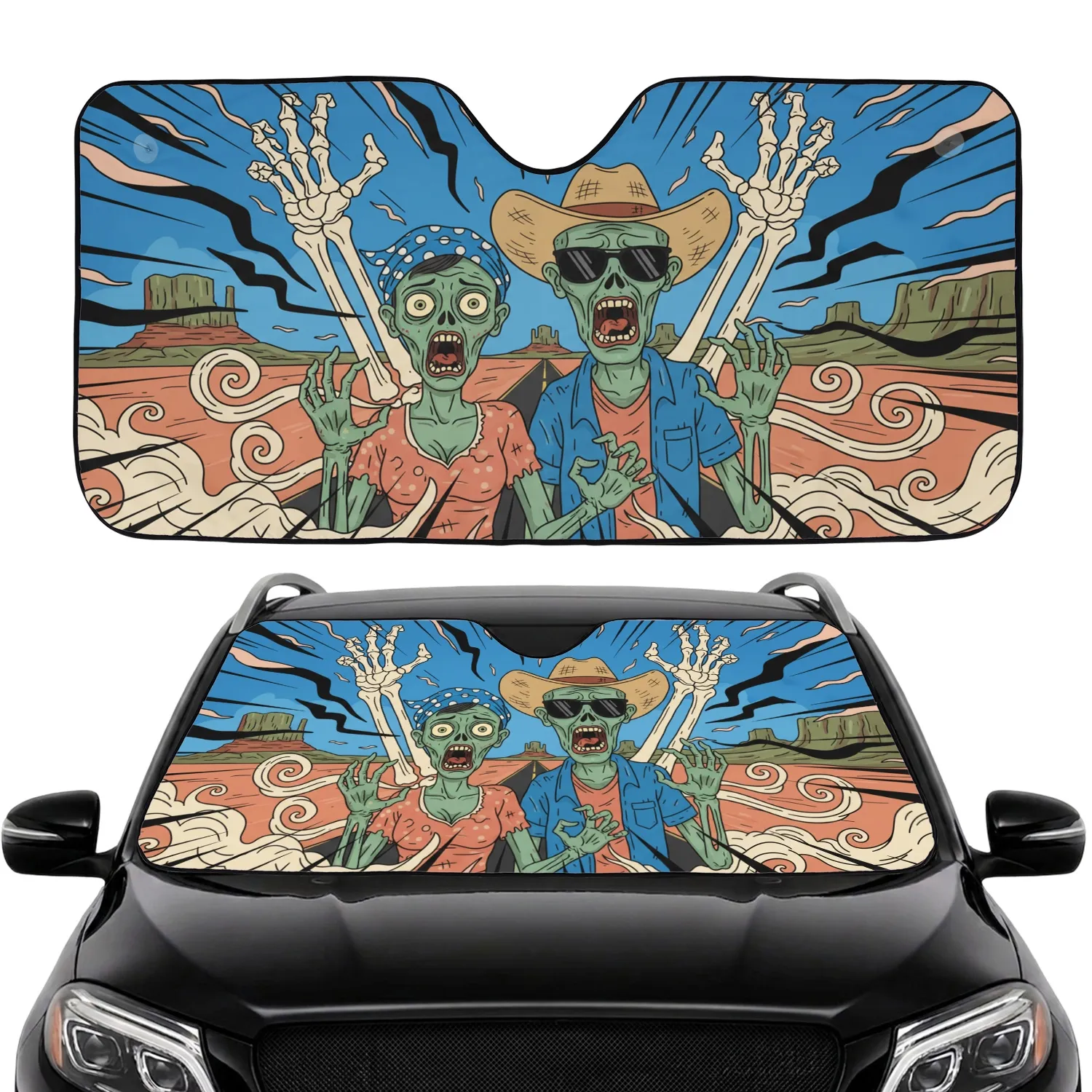 Shocked Zombie Couple Skeletal Hands Desert Road - Horror Fan Gift Car Sunshade - 1