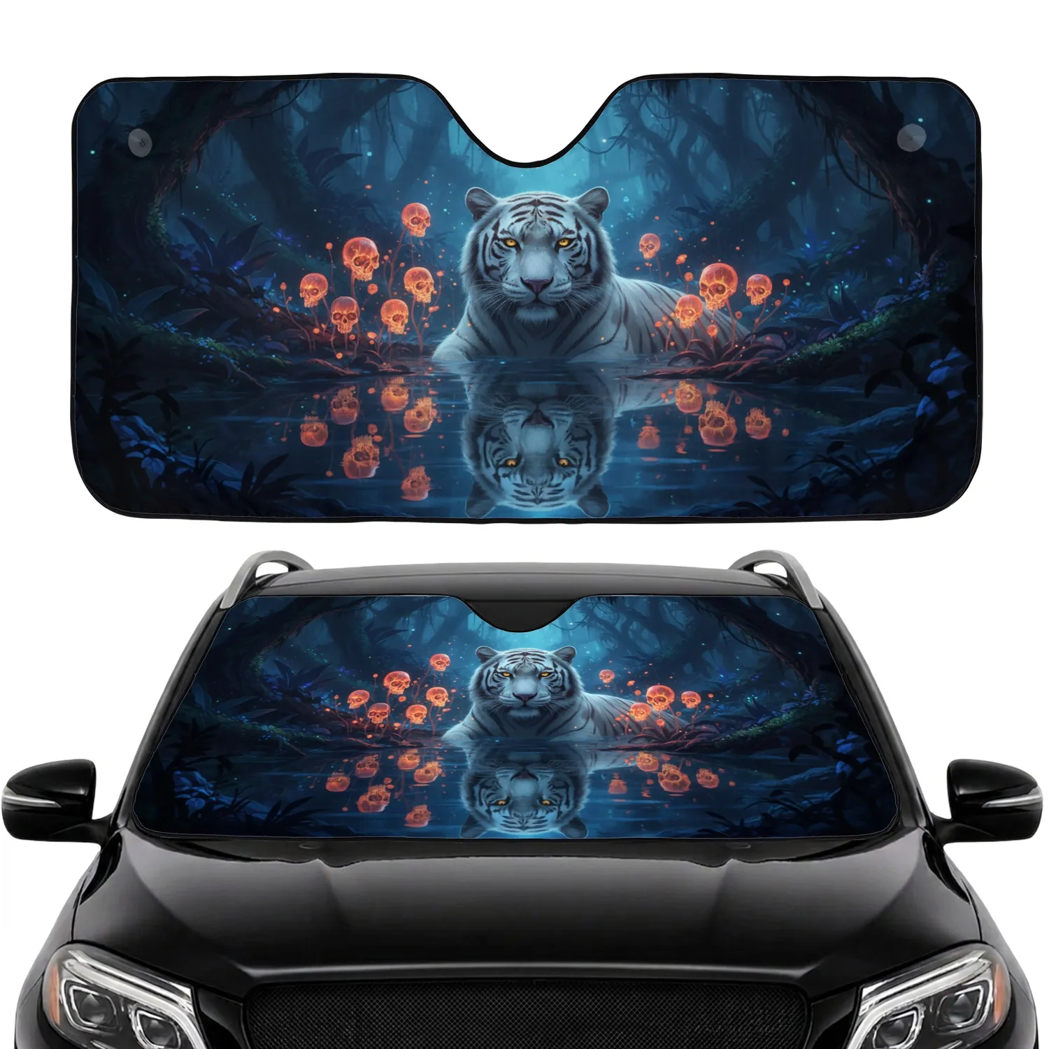 Golden-Eyed White Tiger Glowing Skull Flora Jungle - Wildlife Lover Gift Car Sunshade - 1