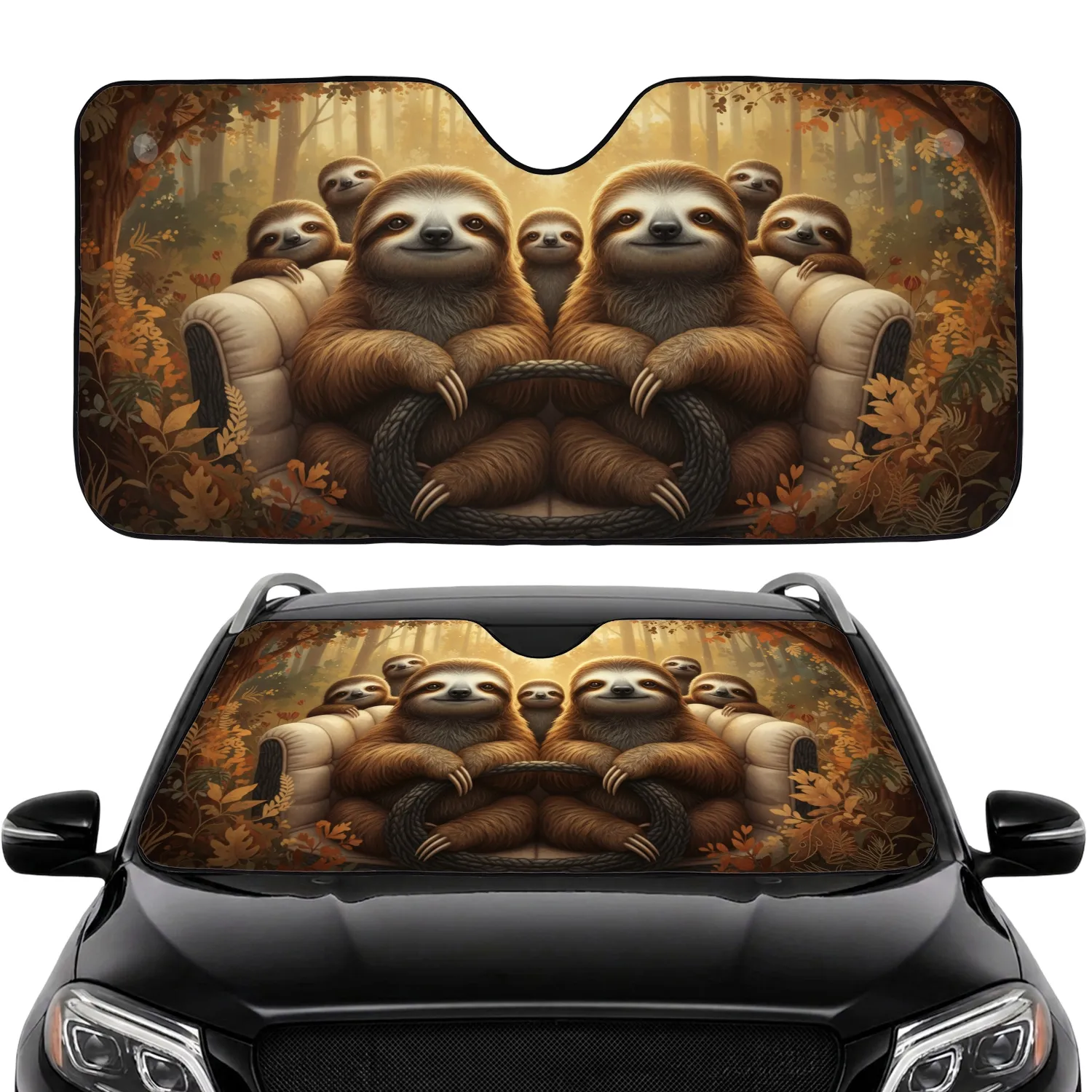Sloth Family Sun Dappled Forest Landscape - Wildlife Lover Gift Car Sunshade - 1