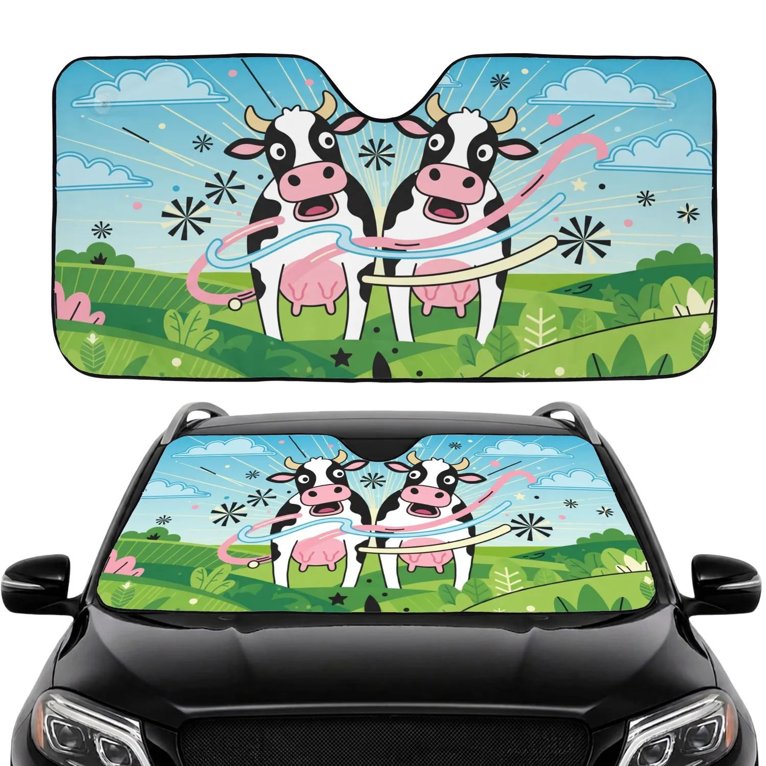 Startled Holstein Cows Flat Clouds Rural Landscape - Farmhouse Decor Gift for Cow Lover Car Sunshade - 1