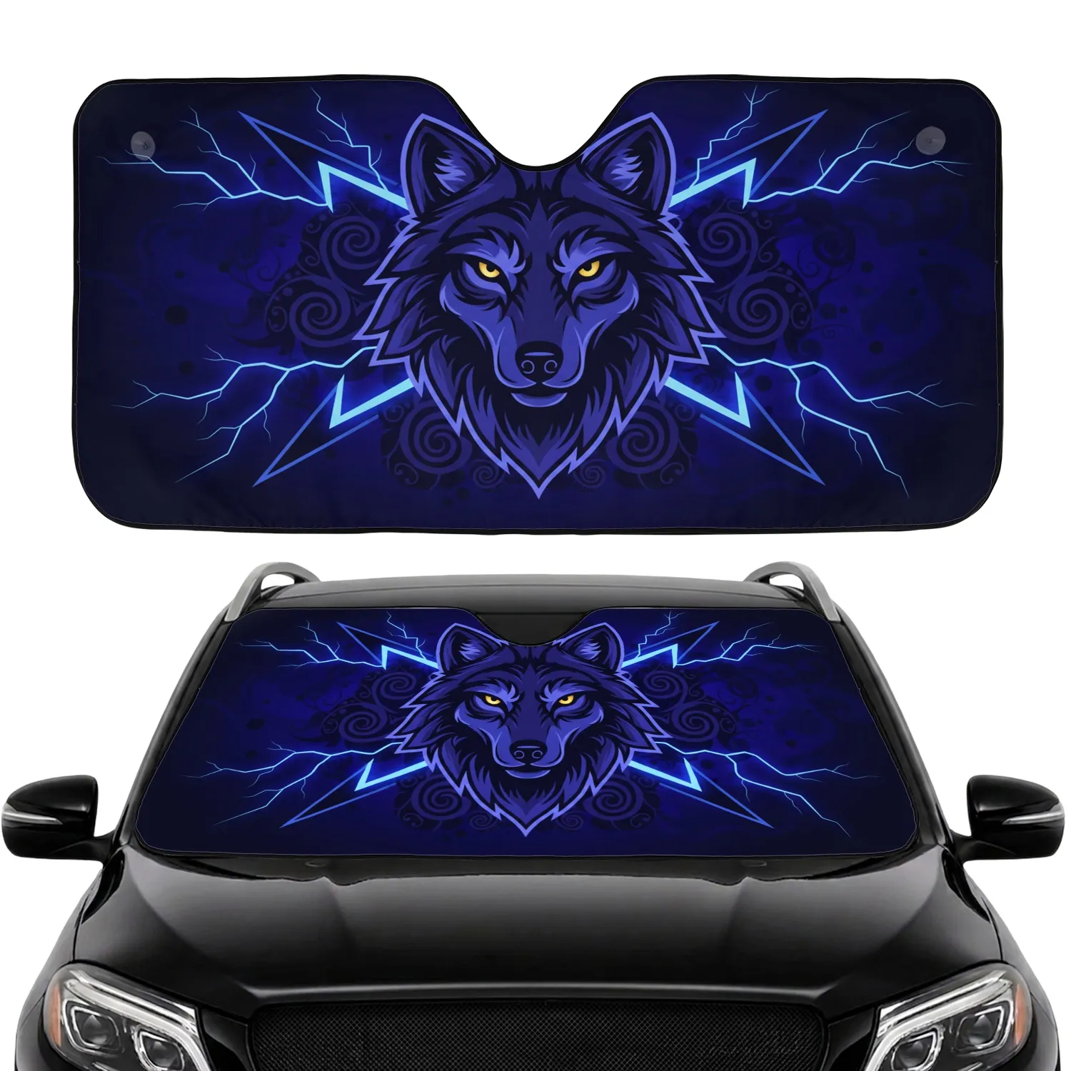 Indigo Blue Wolf Head Lightning Energy Swirls - Fantasy Lover Gift Car Sunshade - 1