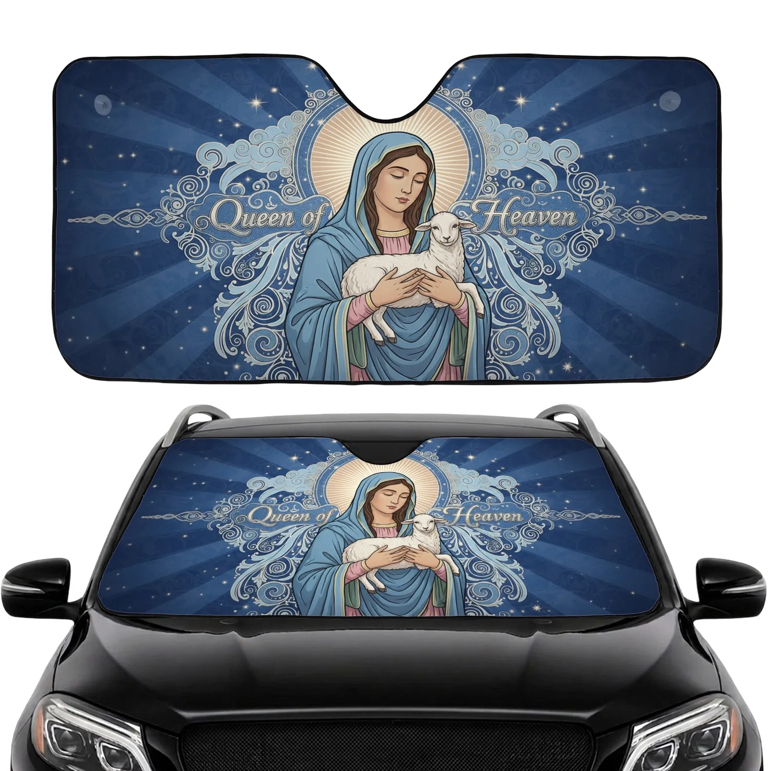 Virgin Mary Lamb Queen of Heaven - Christian Faith Devotional Gift Car Sunshade - 1