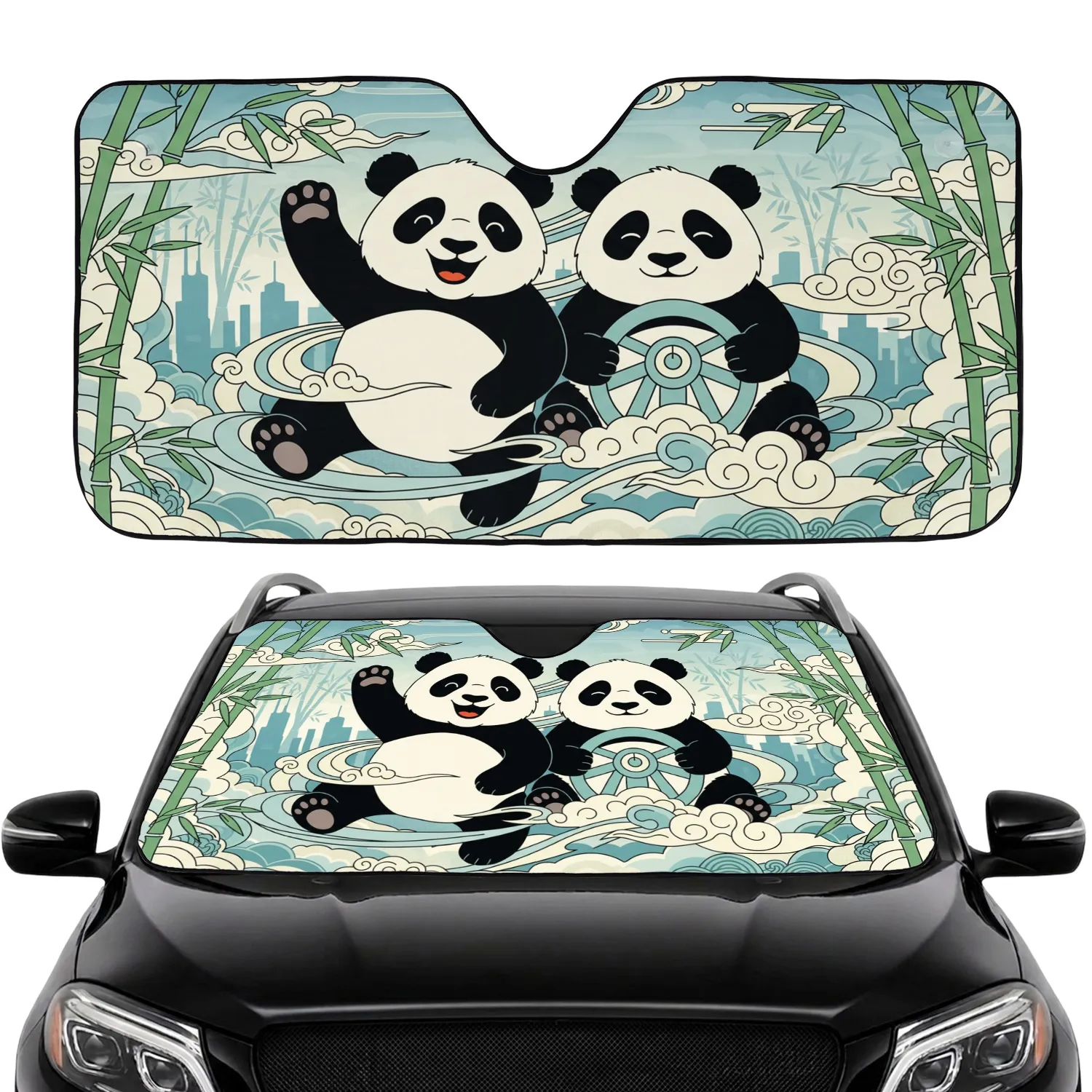 Waving Panda Driving Bamboo City Silhouette - Wildlife Lover Everyday Auto Decor Gift Car Sunshade - 1