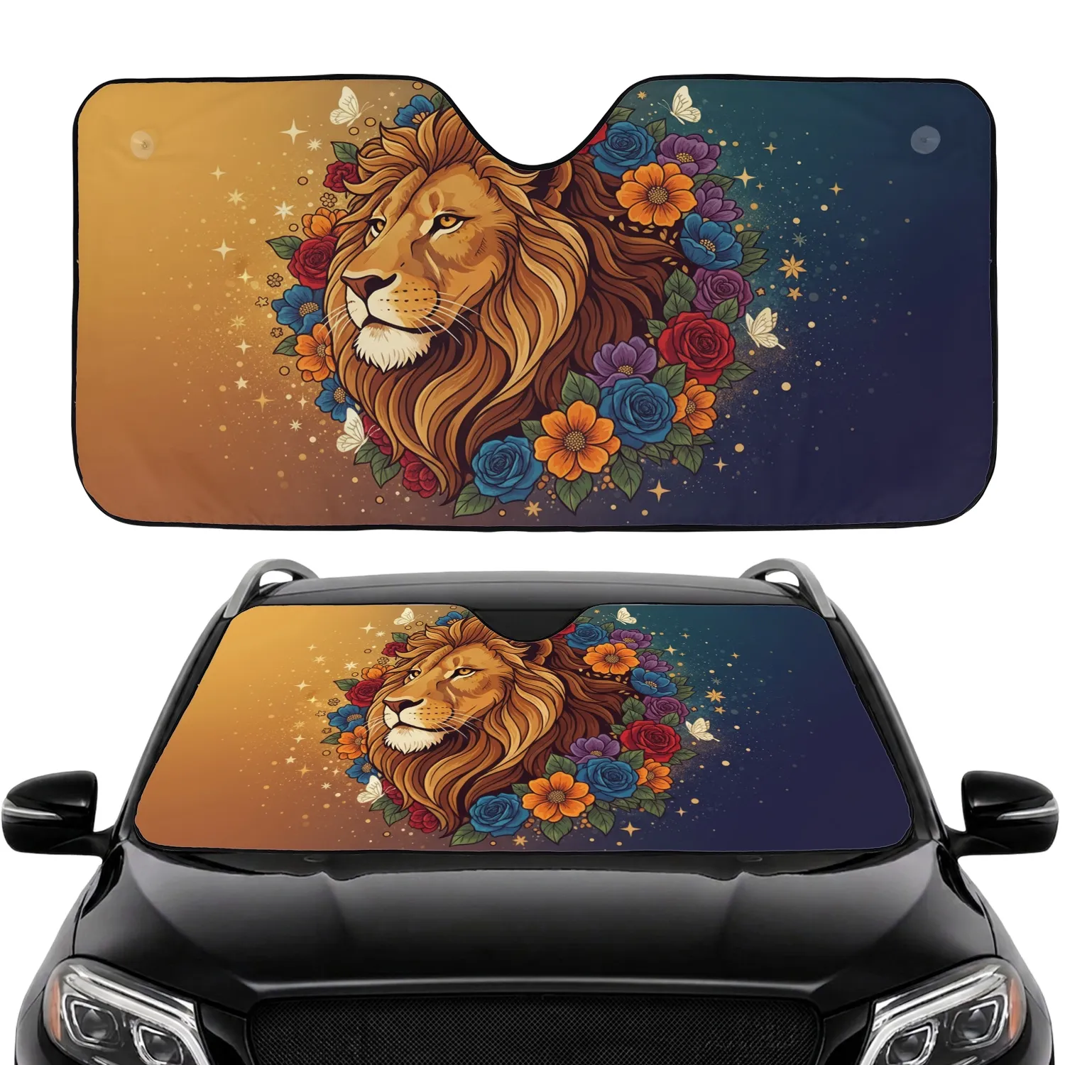 Majestic Lion Floral Butterflies Stars - Home Decor Wildlife Lover Gift Car Sunshade - 1