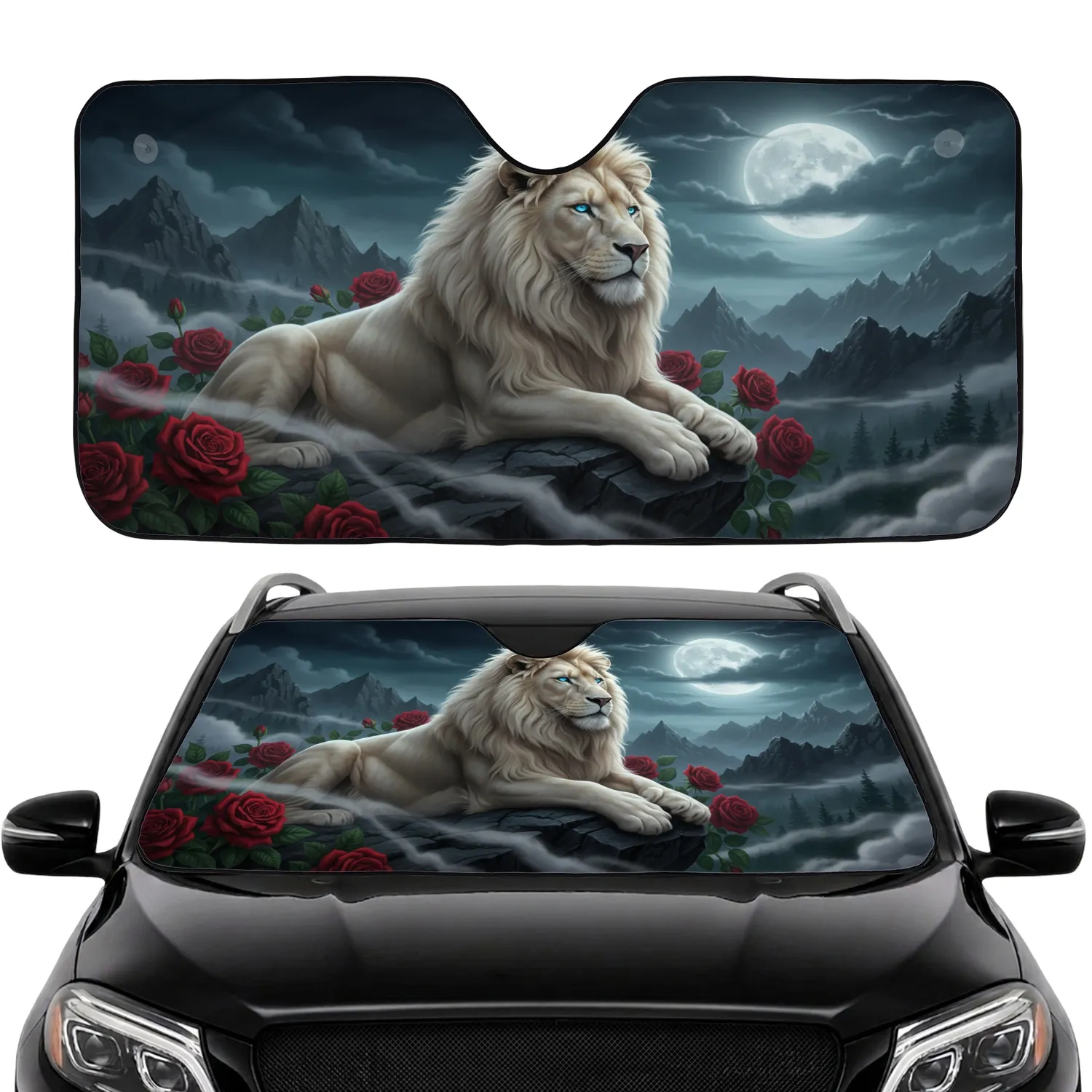 Regal White Lion Red Roses Mystic Moon Mountain Scene - Wildlife Car Decor Gift Car Sunshade - 1
