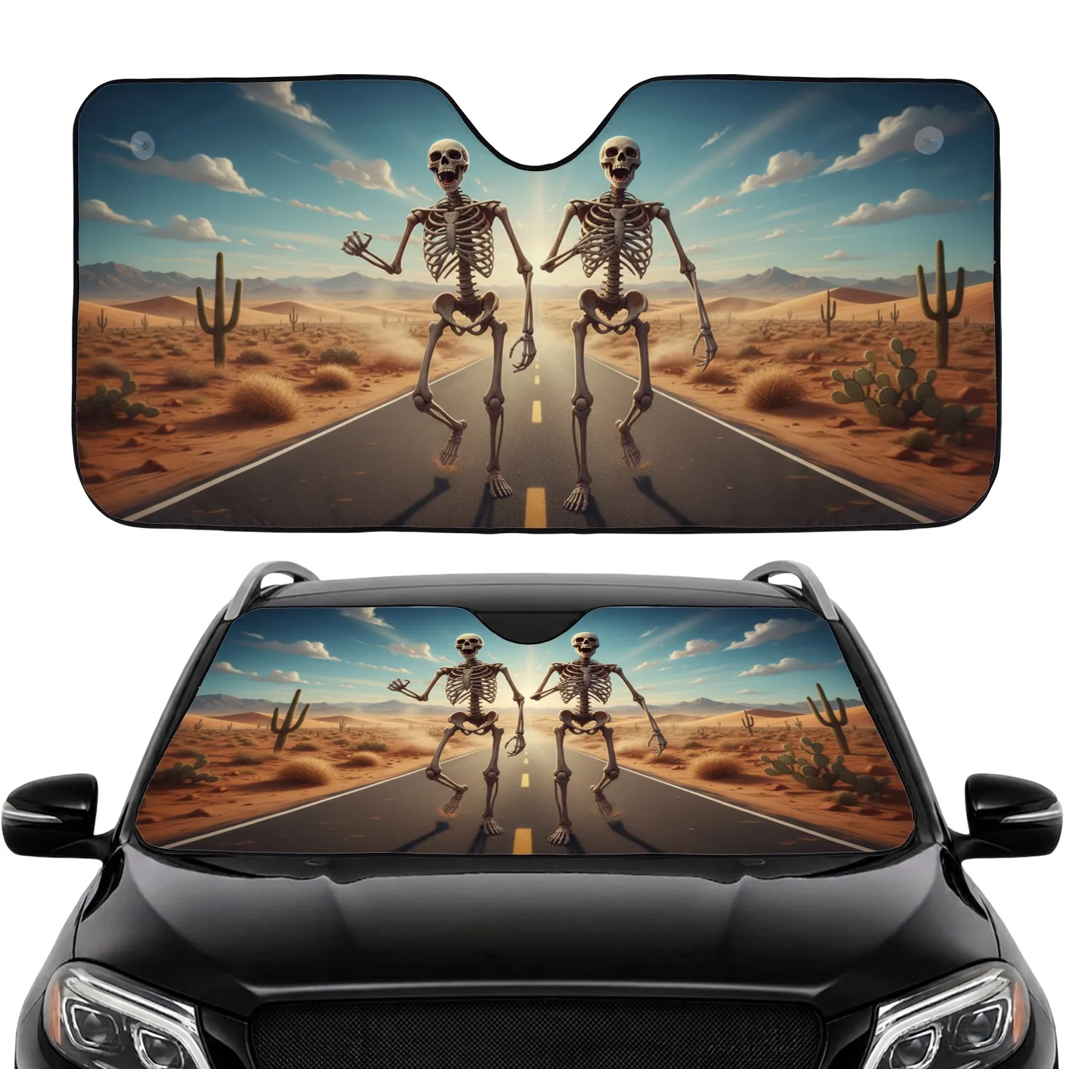 Skeletons Desert Highway Adventure - Road Trip Travel Essentials Gift Car Sunshade - 1
