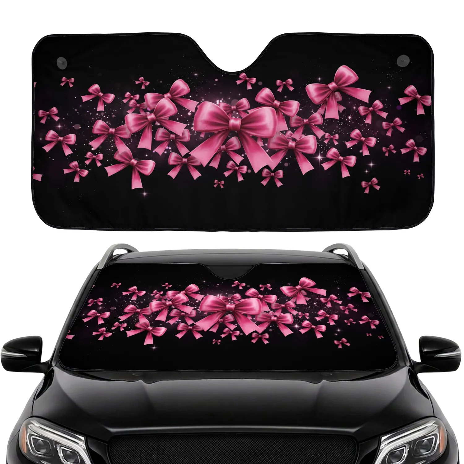 Pink Ribbon Bows Shimmering Stardust Black Velvety Void - Auto Accessory Gift Car Sunshade - 1