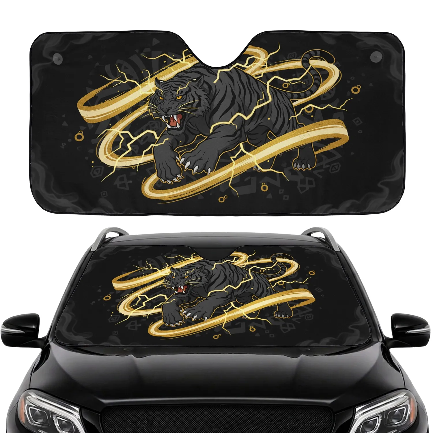 Deep Charcoal Black Mythical Snarling Tiger Bared Fangs Golden Lightning - Wildlife Lover Gift Car Sunshade - 1