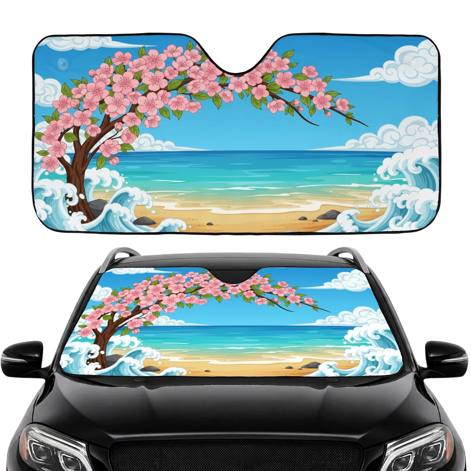 Pink Blossoms Ocean Waves Sandy Beach - Beach Lovers Gift Car Sunshade - 1