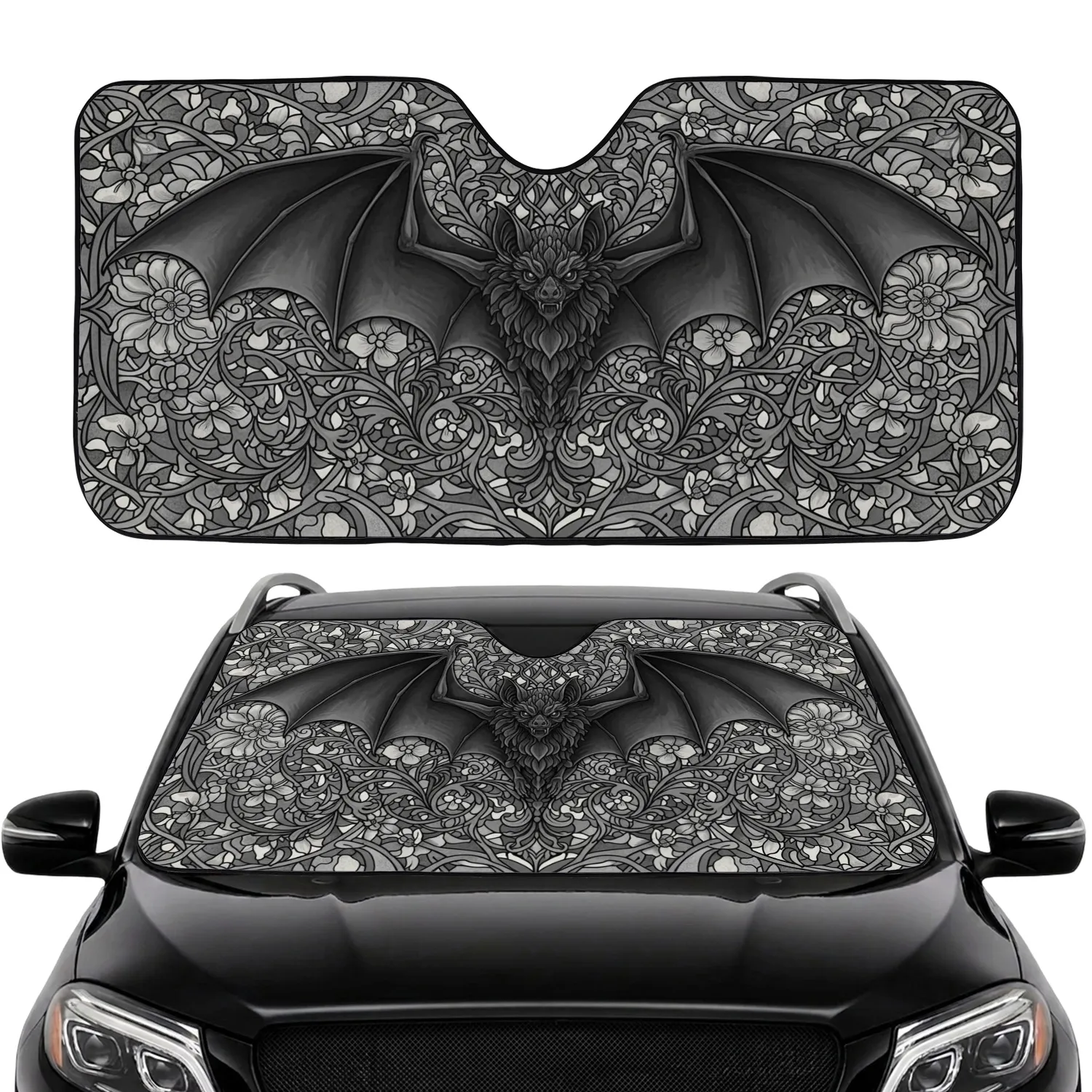 Majestic Bat Outstretched Wings Floral Scrollwork - Home Decor Gift Car Sunshade - 1