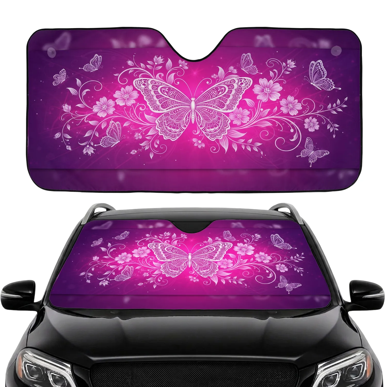 Lace Butterfly Floral Vines Blooming Flowers Purple Fuchsia - Luxury Car Interior Gift Car Sunshade - 1