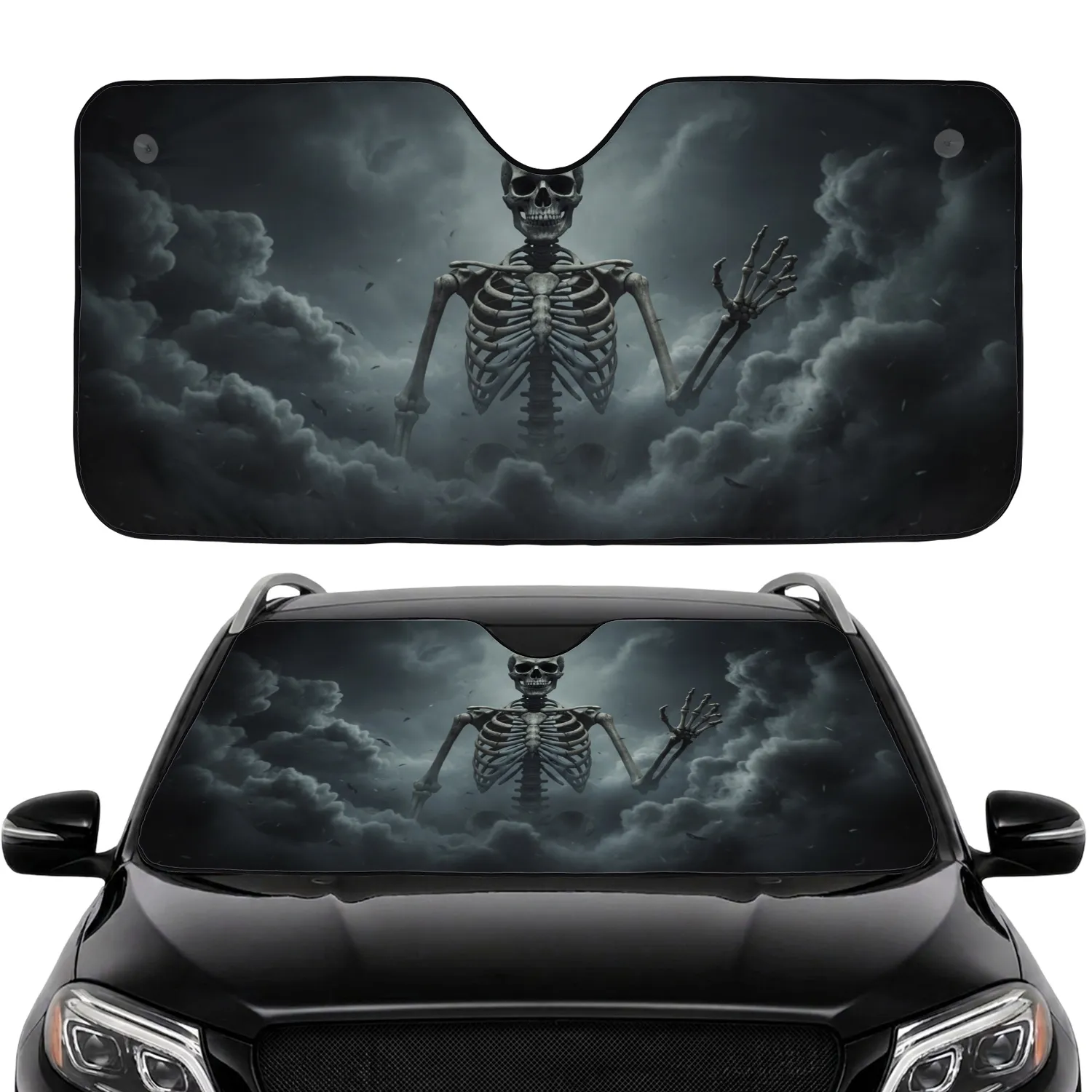 Skeletal Figure Skull Rib Cage Bony Arm Swirling Mist - Skeleton Lover Gift Car Sunshade - 1