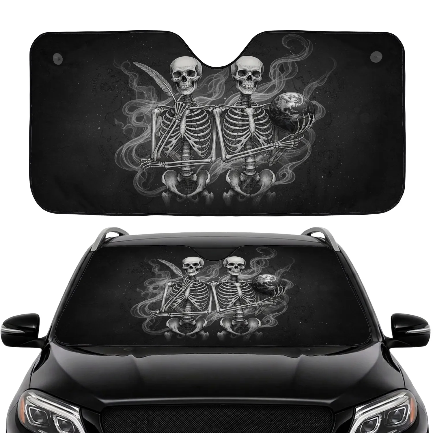 Anatomical Skeletons Earth Globe Quill Feather Ancient Script Smoke - Home Study Decor Gift Car Sunshade - 1