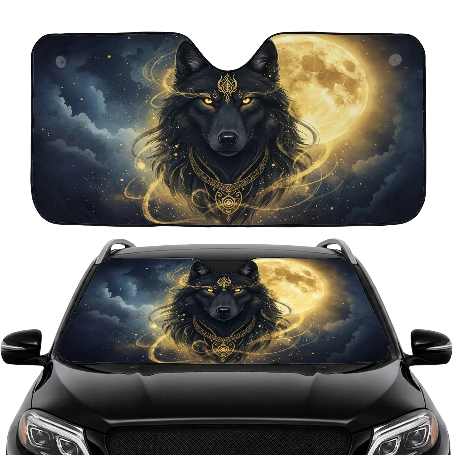 Black Wolf Golden Eyes Ornate Jewelry Cosmic Moon - Celestial Fantasy Gift Car Sunshade - 1
