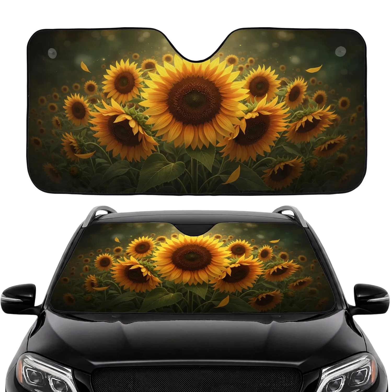 Golden Yellow Orange Sunflower Cluster Deep Green Background - Garden Nature Lover Gift Car Sunshade - 1