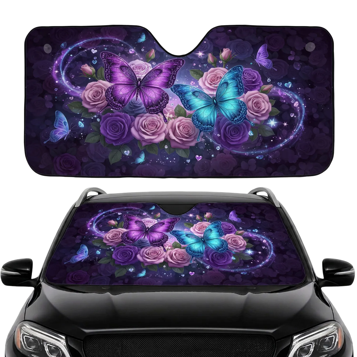Sparkling Crystal Butterflies Glowing Hearts Roses - Fantasy Lover Gift Car Sunshade - 1
