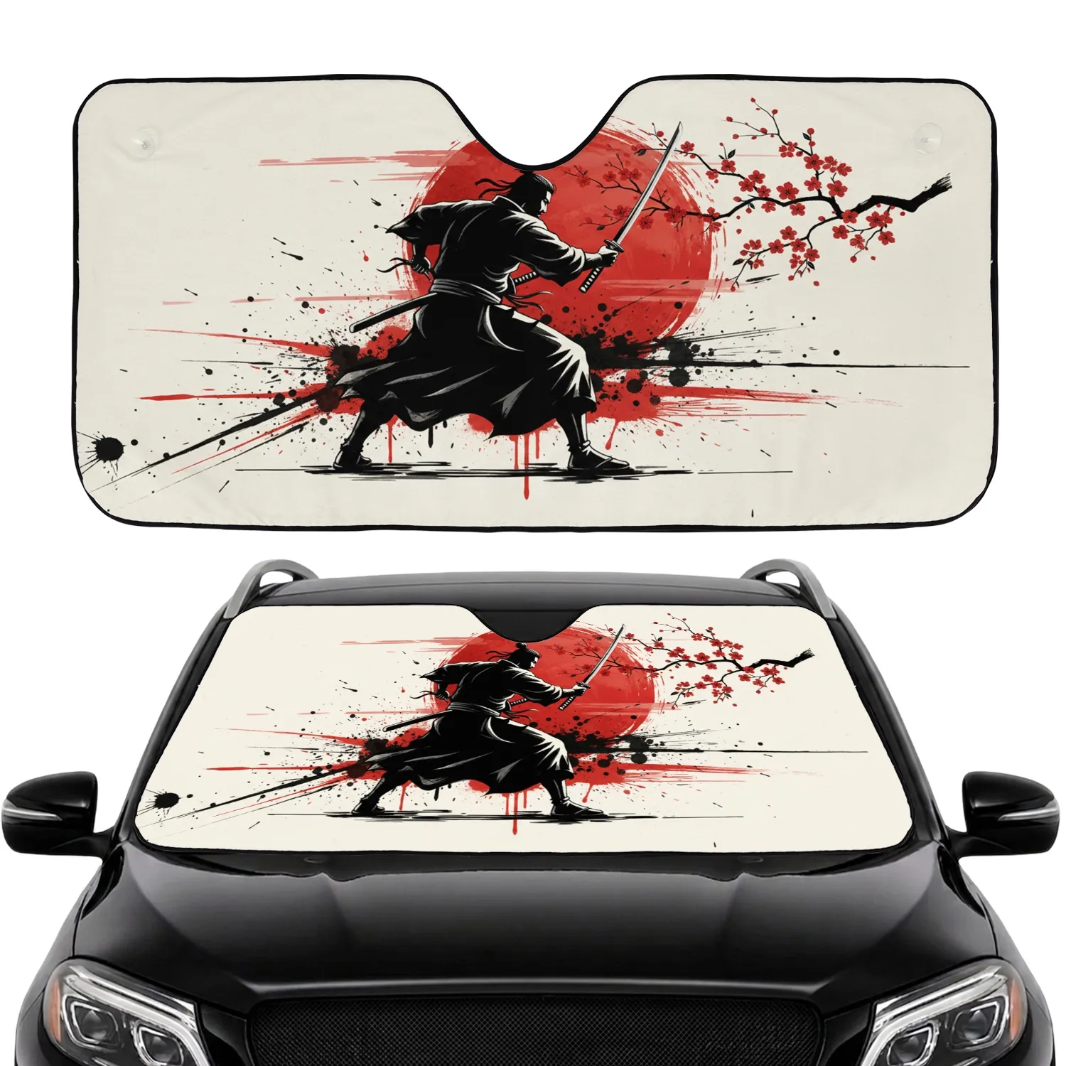 Samurai Warrior Katana Red Sun Cherry Blossom - Japanese Home Decor Gift Car Sunshade - 1