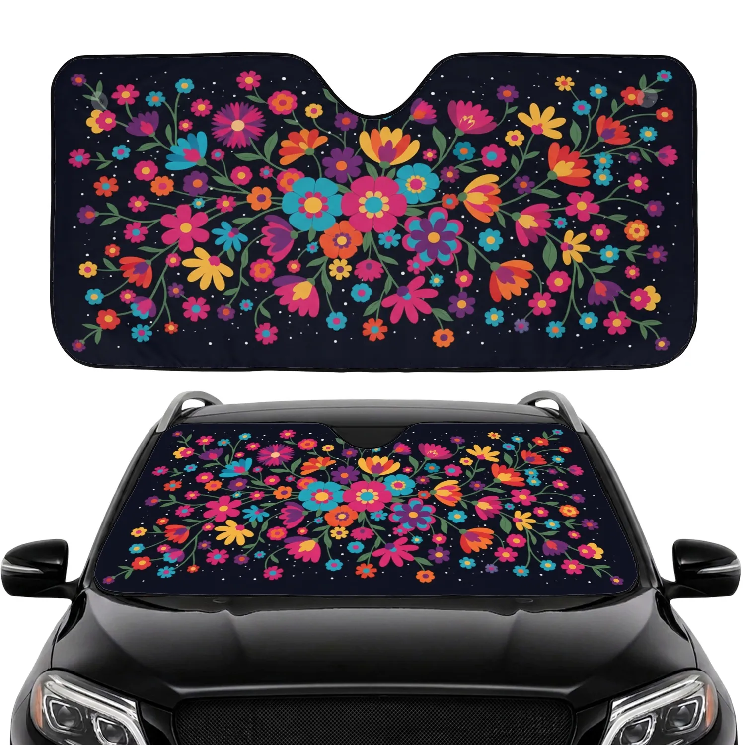 Vibrant Floral Bloom Cluster Green Leaves White Speckles Midnight - Everyday Car Decor Gift Car Sunshade - 1