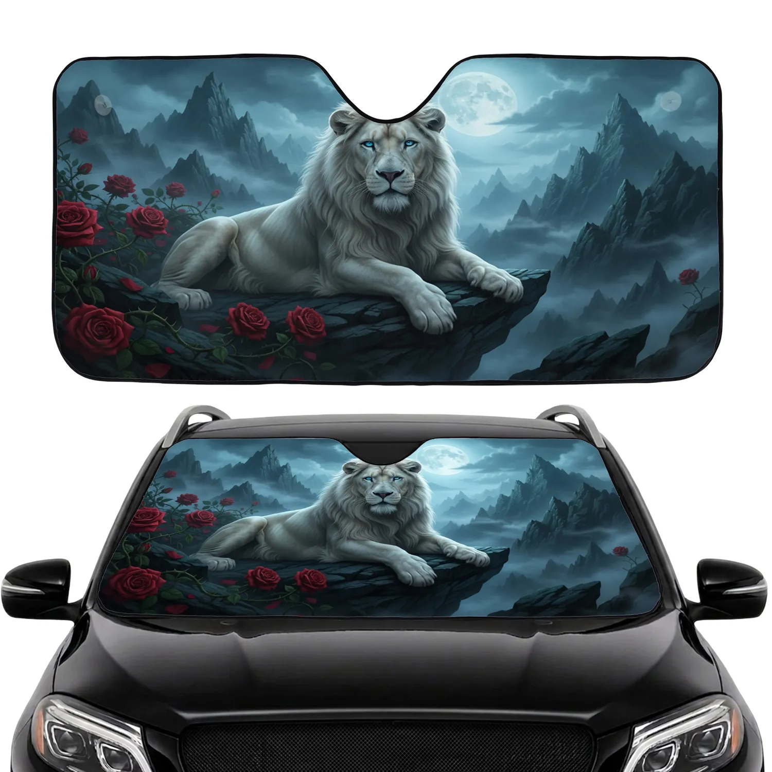 White Lion Dark Rocks Crimson Roses Full Moon Mountains - Wildlife Lover Gift Car Sunshade - 1