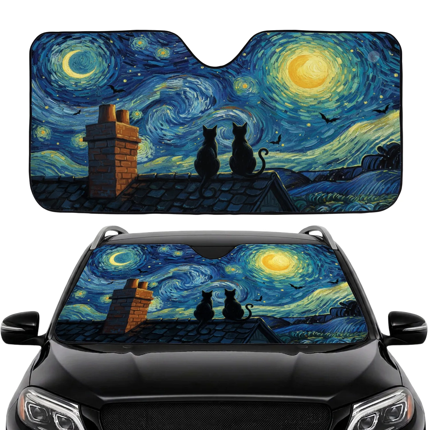 Sleek Black Cats Golden Moon Swirling Night Sky Bats Stars - Cat Lover Home Decor Gift Car Sunshade - 1