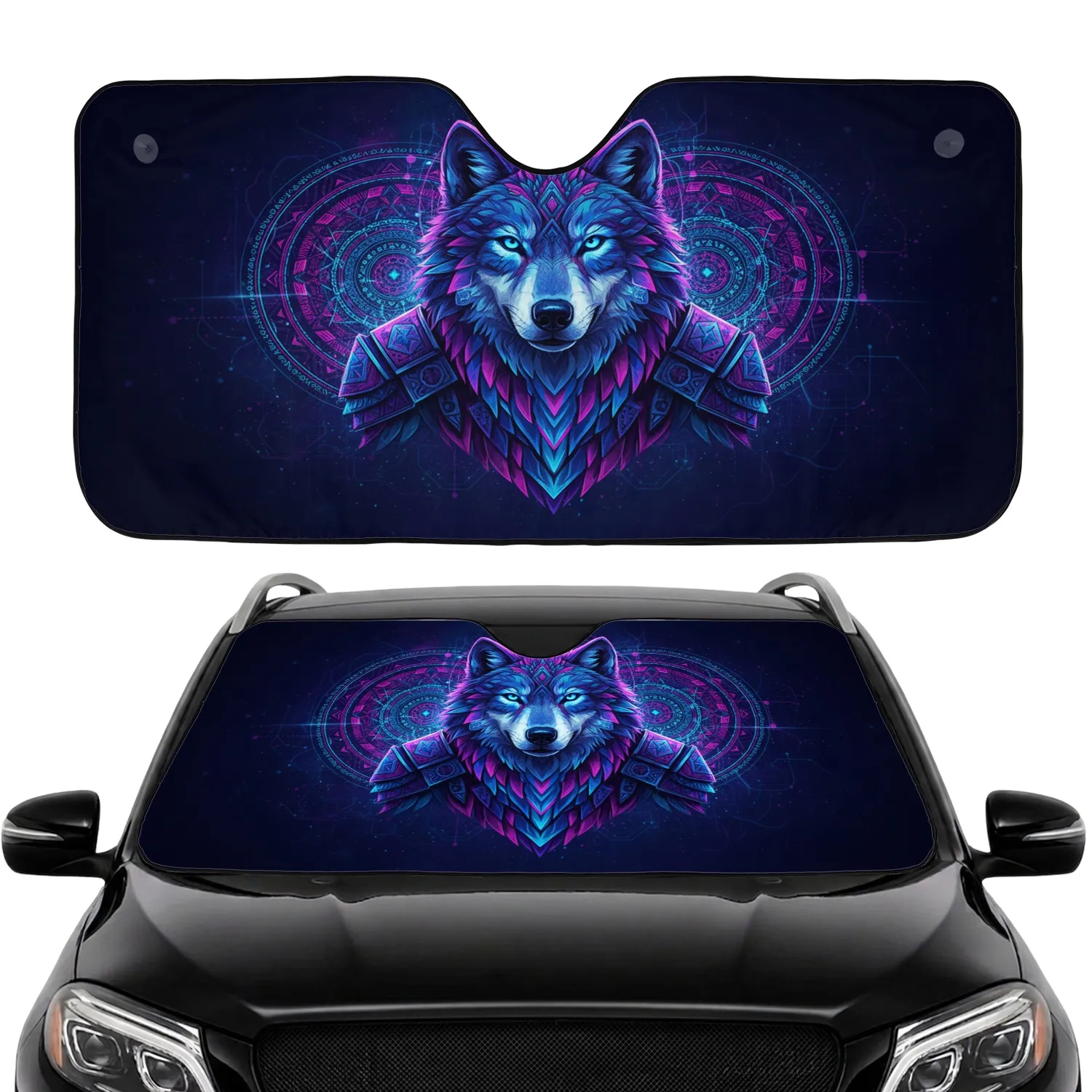 Wolf Glowing Geometric Mandalas - Wildlife Lover Car Decor Gift Car Sunshade - 1