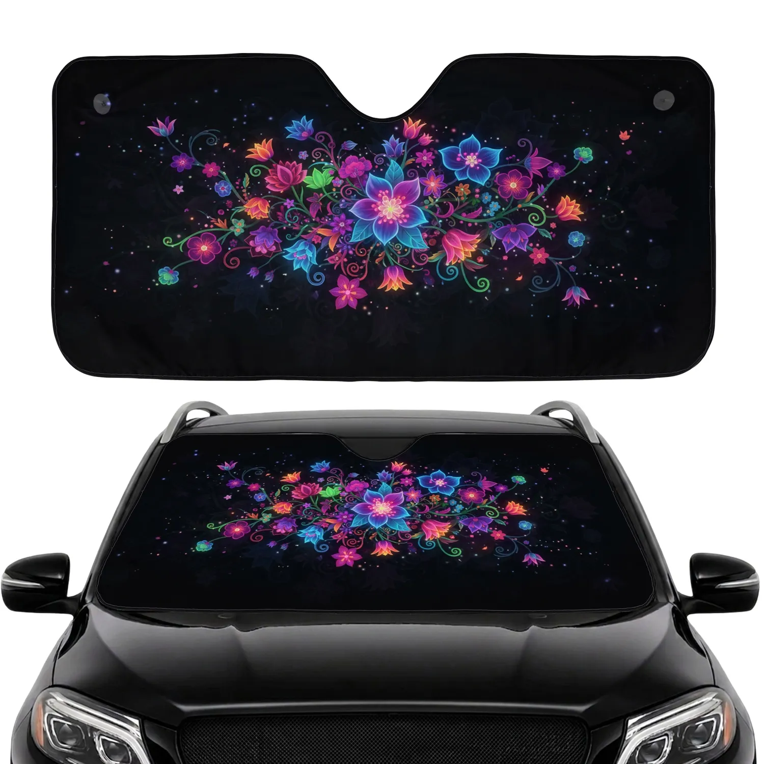 Neon Glowing Fantasy Flowers Luminous Vines Buds Ethereal Particles - Everyday Car Decor Gift Car Sunshade - 1