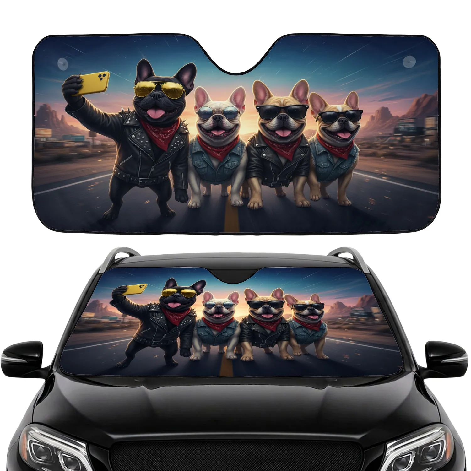 French Bulldogs Leather Jackets Road Trip - Adventure Lifestyle Gift for Dog Lovers Car Sunshade - 1