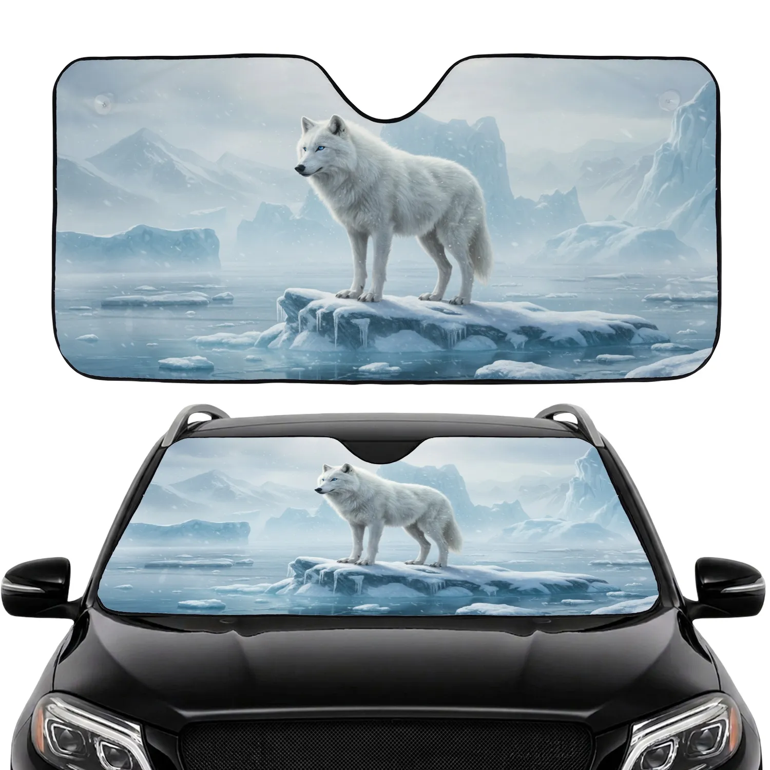 Arctic White Wolf Blue Eyes Glacial Ice Mountain - Wildlife Lover Gift Car Sunshade - 1