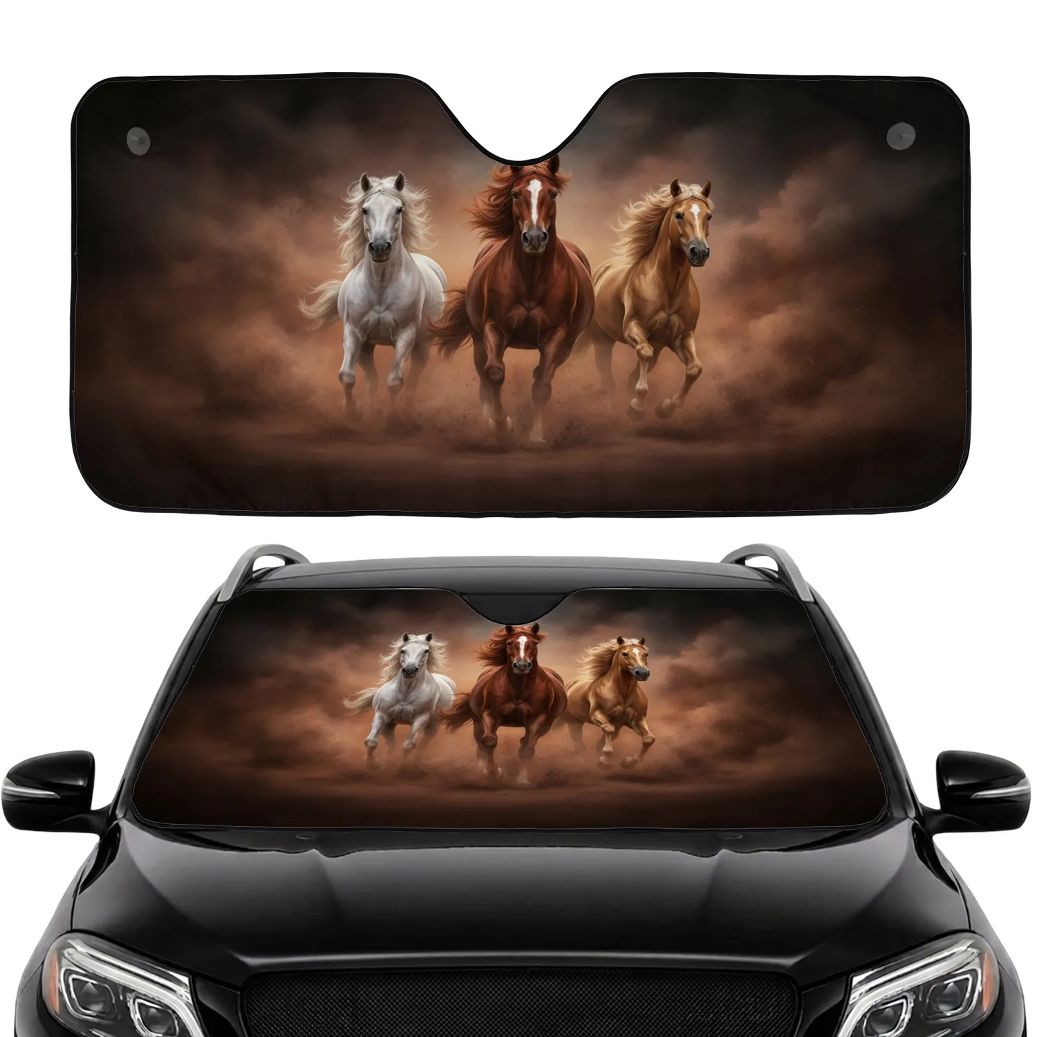 Three Powerful Wild Horses Galloping Reddish-Brown Dust Smoke - Horse Lover Home Decor Gift Car Sunshade - 1