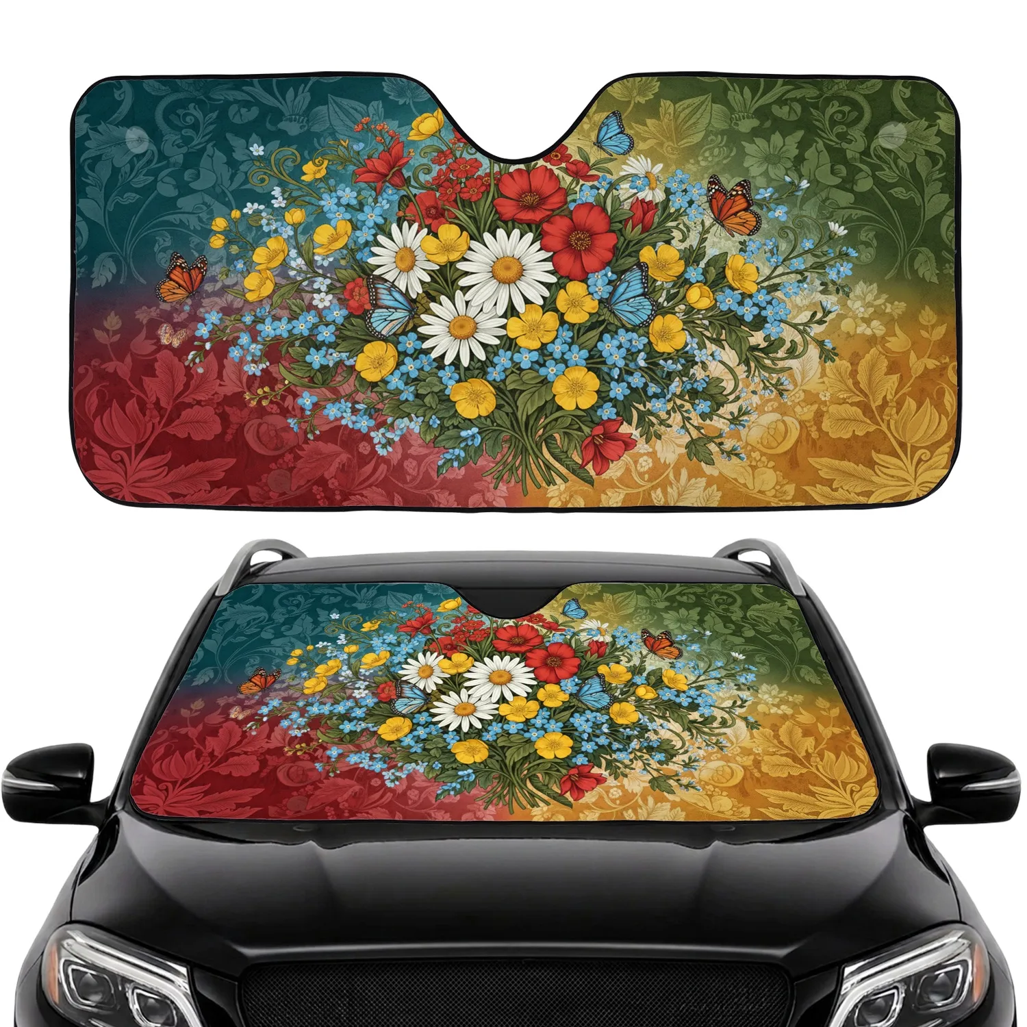 Botanical Floral Daisies Wildflowers Butterflies - Home Decor Gift for Flower Lover Car Sunshade - 1