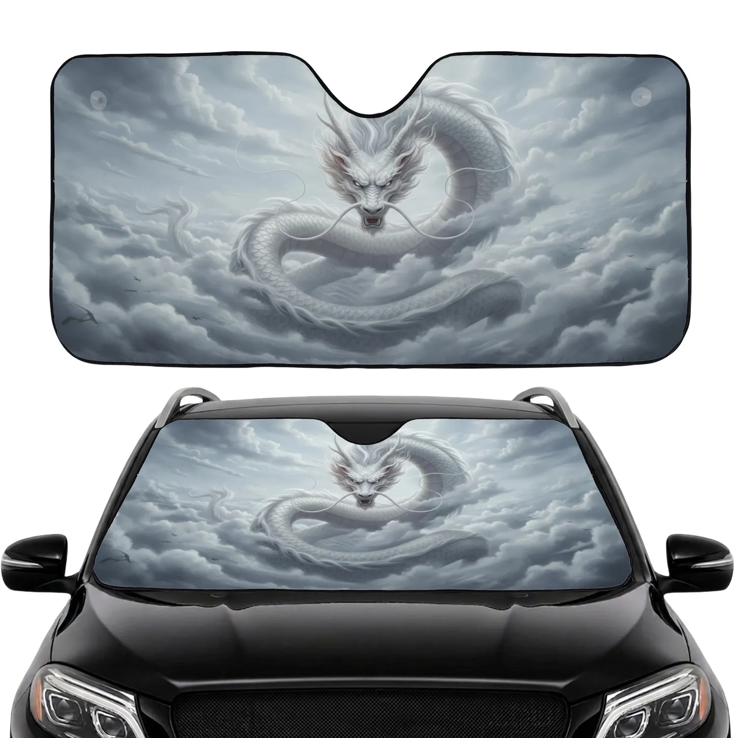 Eastern White Dragon Stormy Clouds - Mythical Creature Lover Gift for Fantasy Fan Car Sunshade - 1