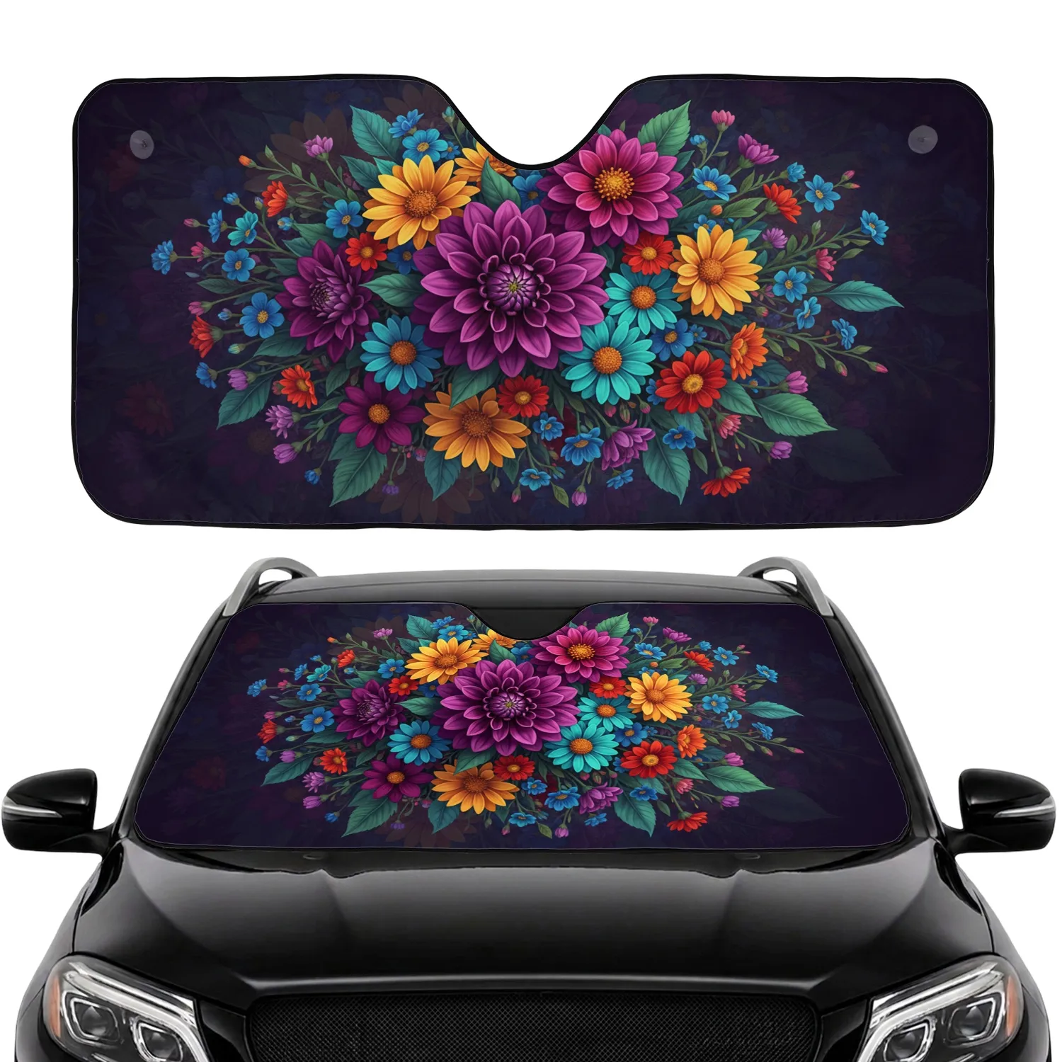 Dahlias Daisies Multi-Petaled Floral Lush Leaves - Nature Lover Gift Car Sunshade - 1