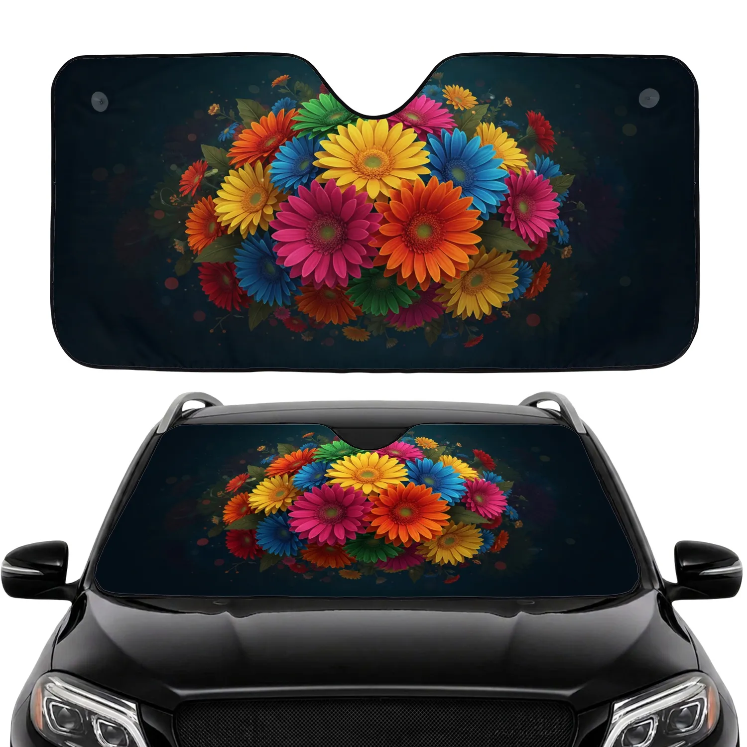 Gerbera Daisies Multi-Petal Flowers Lush Foliage - Everyday Auto Decor Car Sunshade - 1
