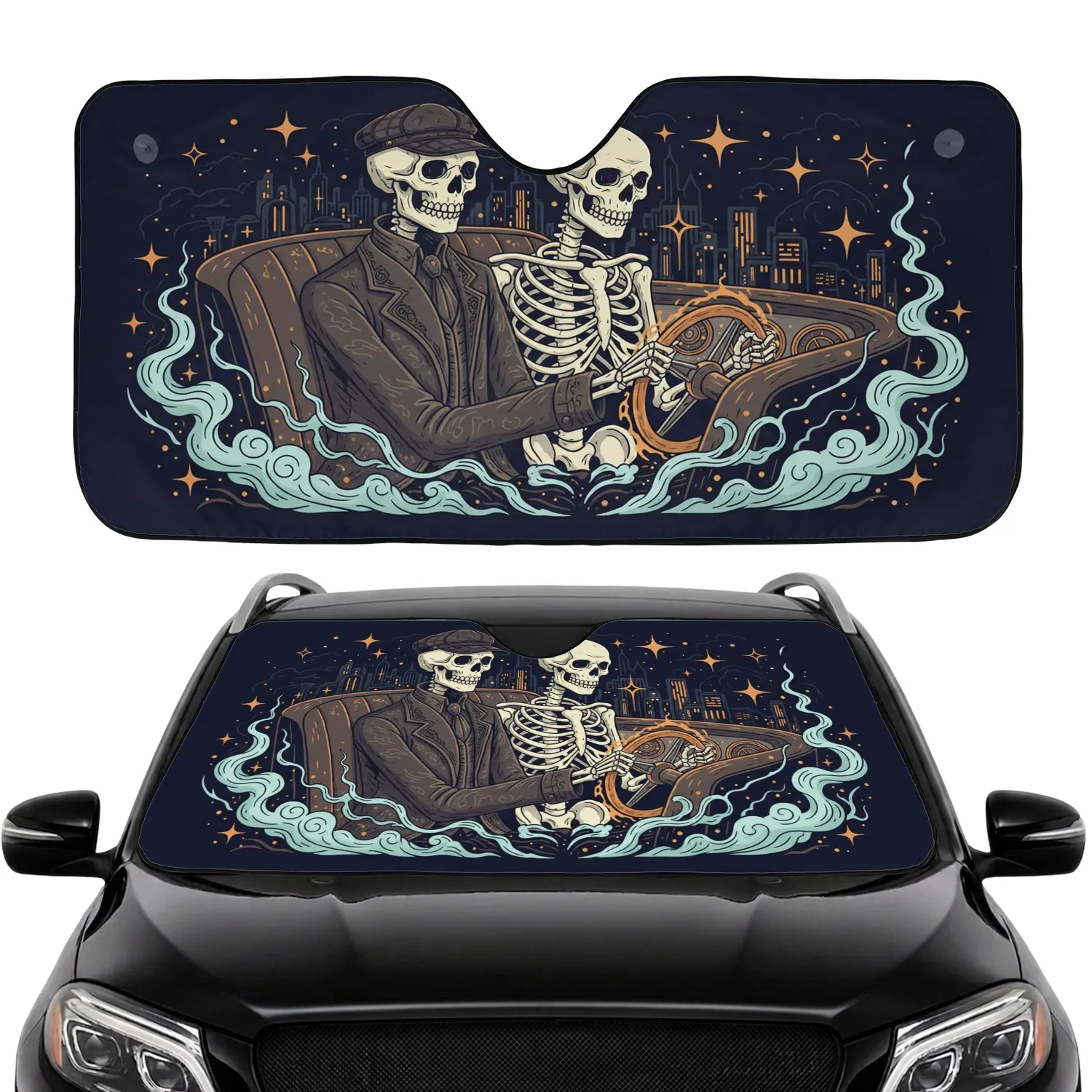 Ethereal Midnight Driver Skeletons Steering Wheel Glowing City Lights - Car Enthusiast Car Sunshade - 1