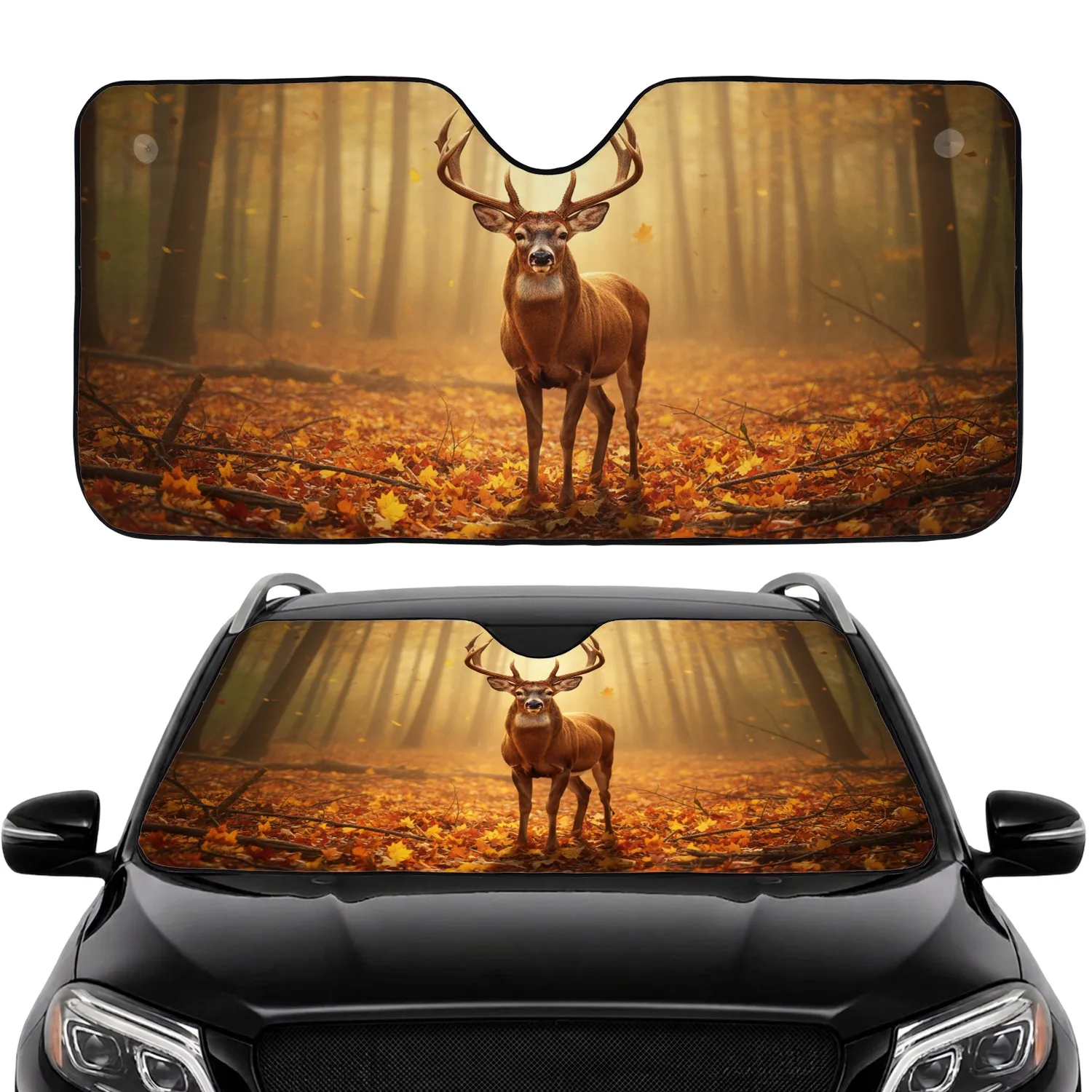 Majestic Buck Multi-Tined Antlers Autumn Leaves Forest Floor - Wildlife Lover Gift Car Sunshade - 1