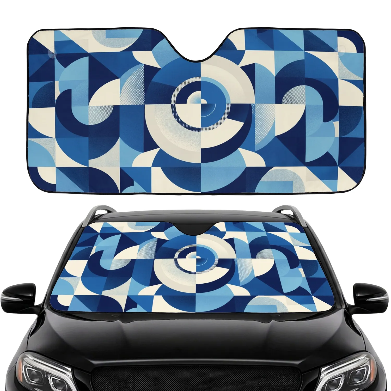Complex Interlocking Circles Triangles Rectangles Deep Navy Cobalt Cream - Home Decor Gift Car Sunshade - 1
