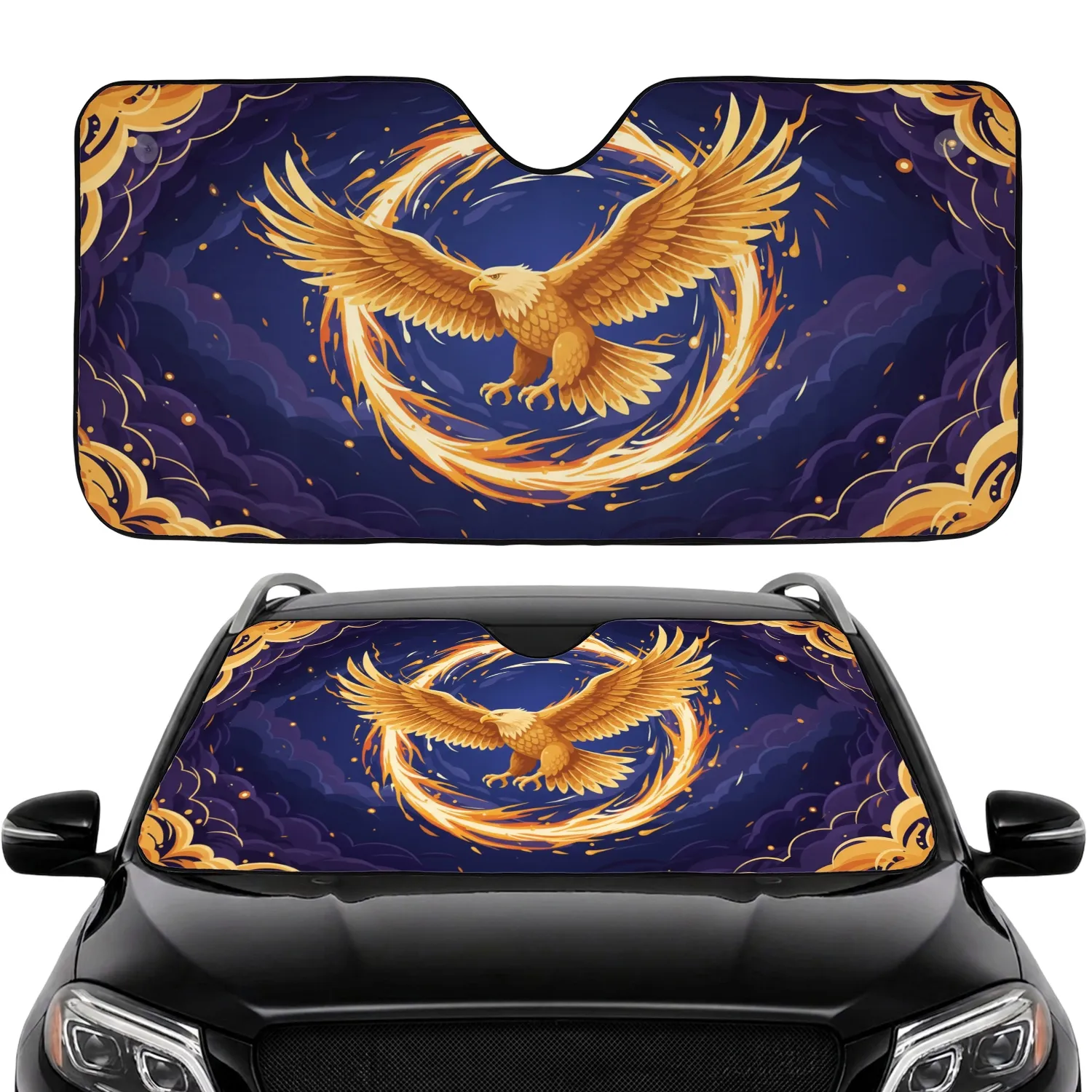 Golden Eagle Wings Spread Fiery Energy Trails Sky - Wildlife Lover Gift Car Sunshade - 1