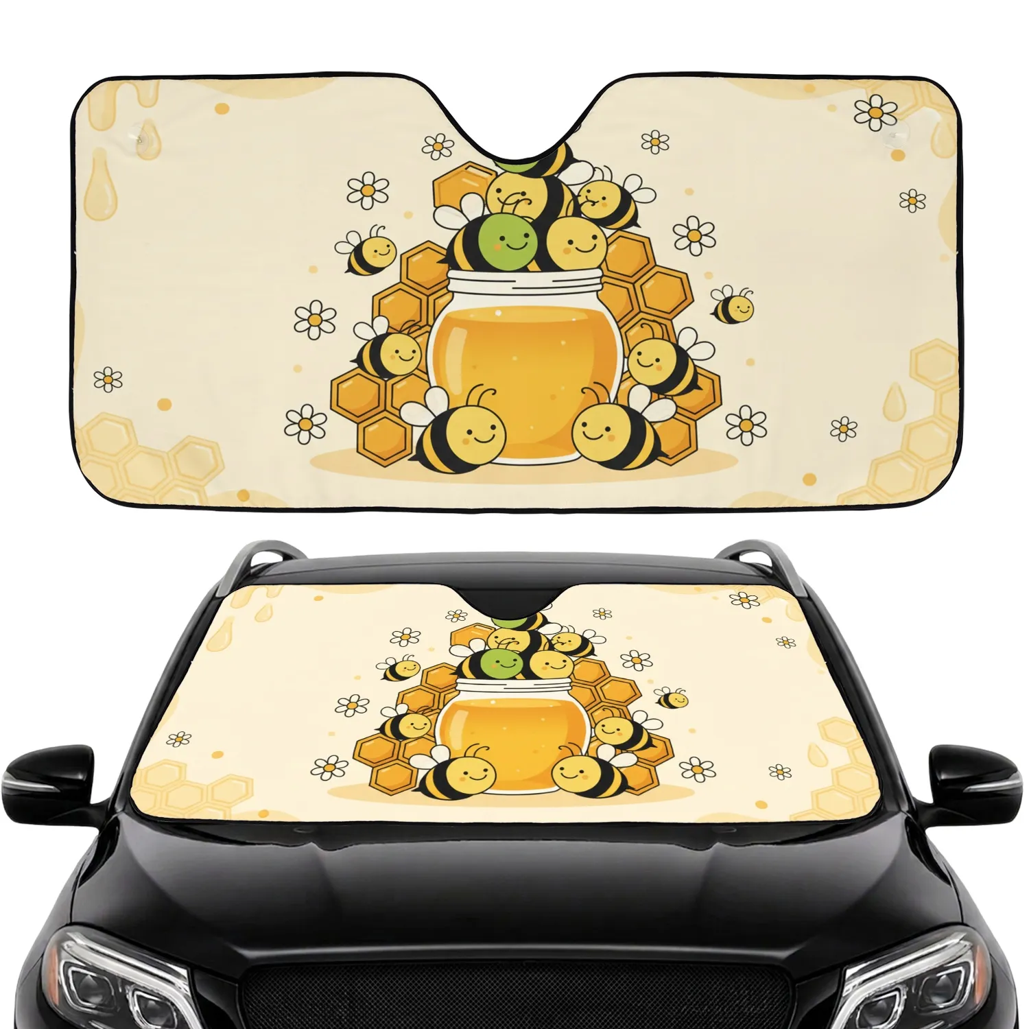 Cartoon Bees Honeycomb Honey Jar - Wildlife Lover Gift Car Sunshade - 1
