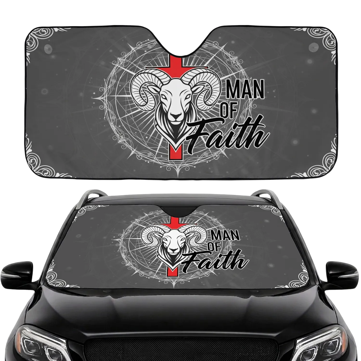 Ram Head Latin Cross Man of Faith - Religious Spiritual Uplift Gift for Believers Car Sunshade - 1